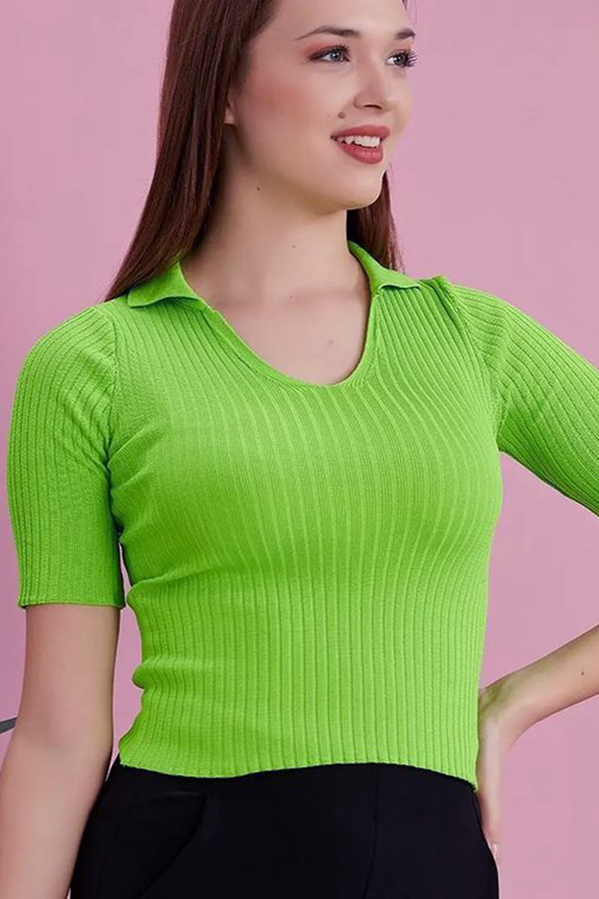 Kadin Polo Yaka Kısa Kol Kaşkorse Bluz Yeşil Renk