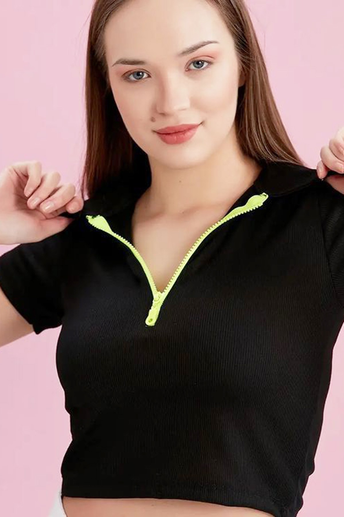  Polo Yaka Neon Fermuarlı Kaşkorse Bluz Siyah Renk