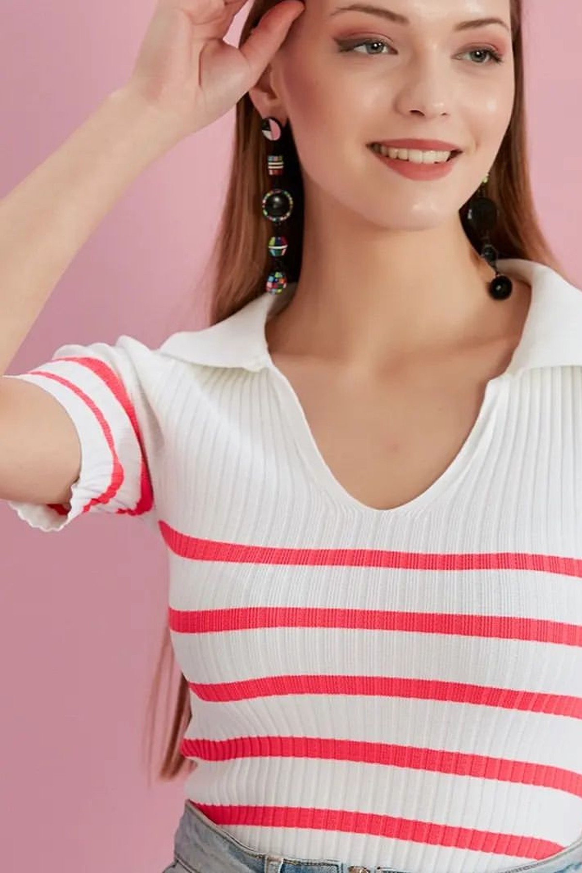 Erkek Polo Yaka Pembe Çizgili Ekru Yazlık Triko Bluz