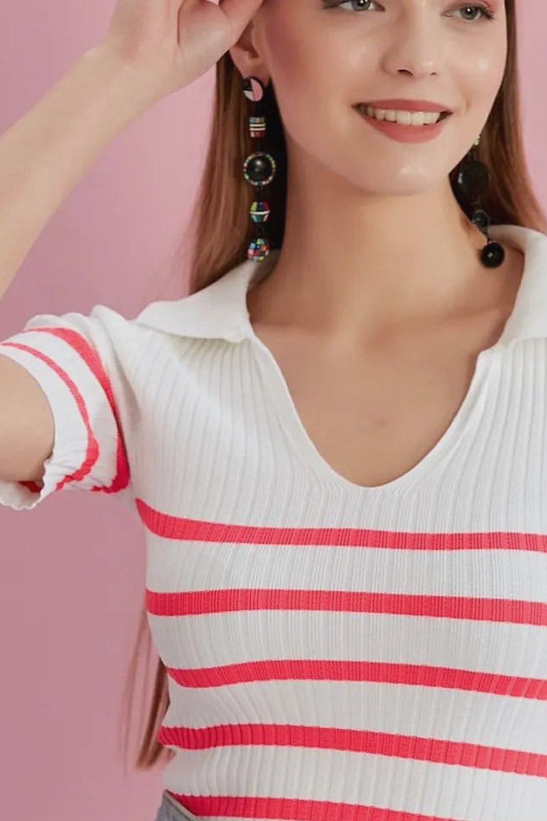  Polo Yaka Pembe Çizgili Ekru Yazlık Triko Bluz