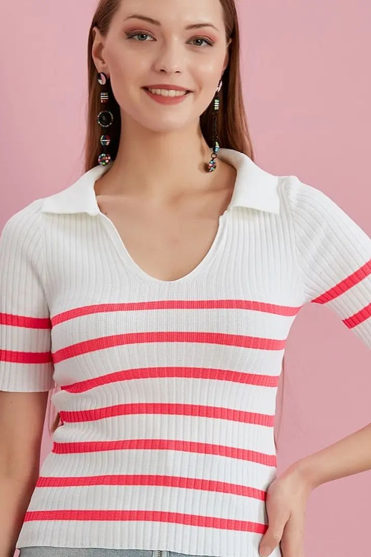 Erkek Polo Yaka Pembe Çizgili Ekru Yazlık Triko Bluz