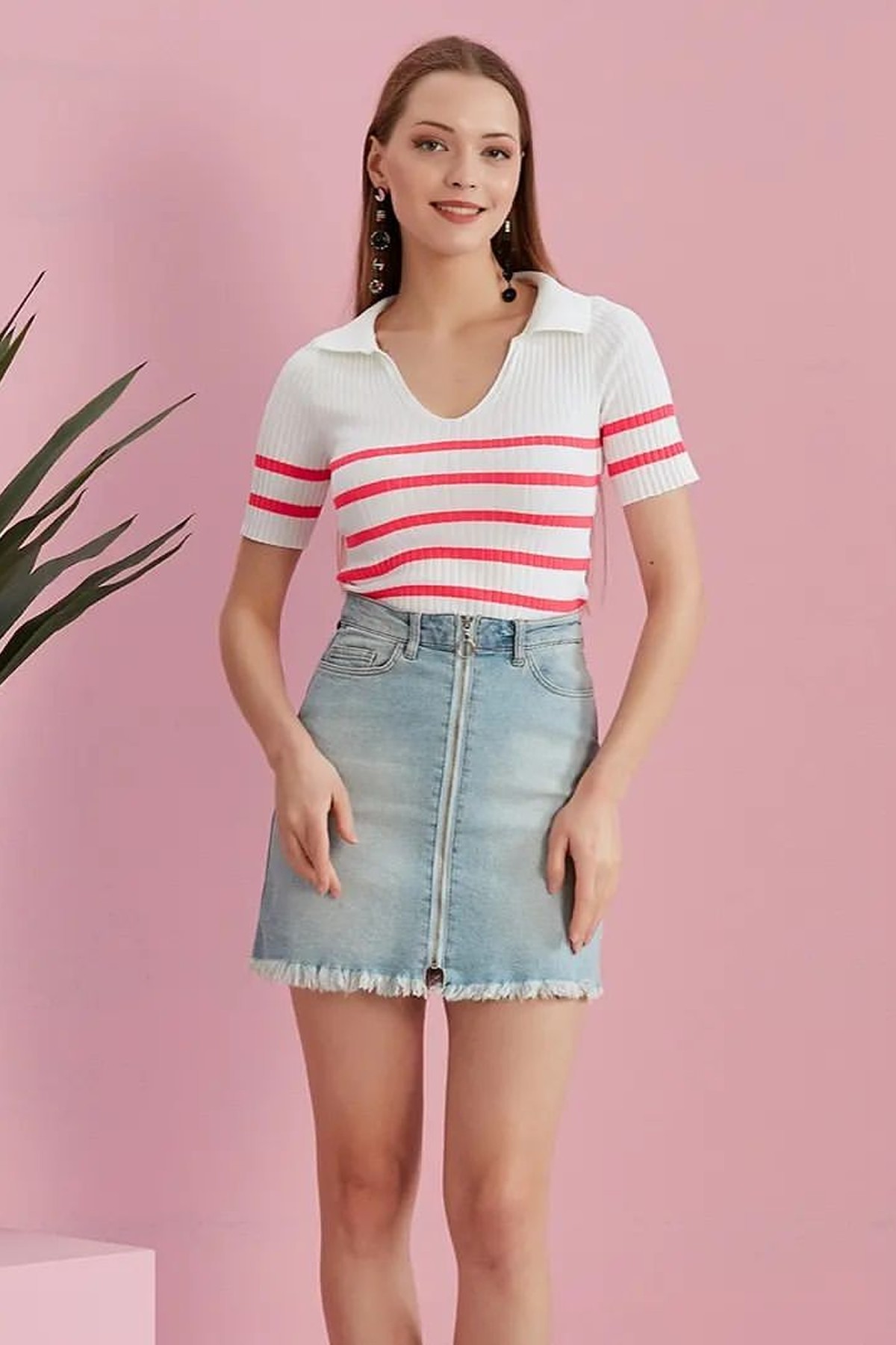 Erkek Polo Yaka Pembe Çizgili Ekru Yazlık Triko Bluz