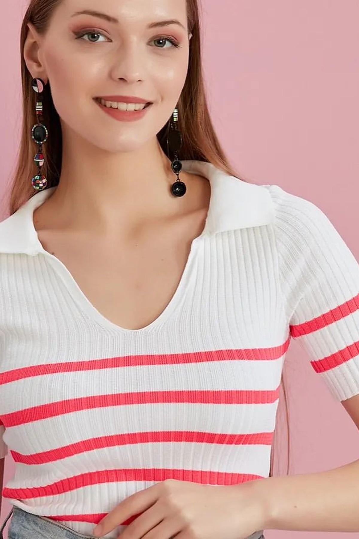 Erkek Polo Yaka Pembe Çizgili Ekru Yazlık Triko Bluz