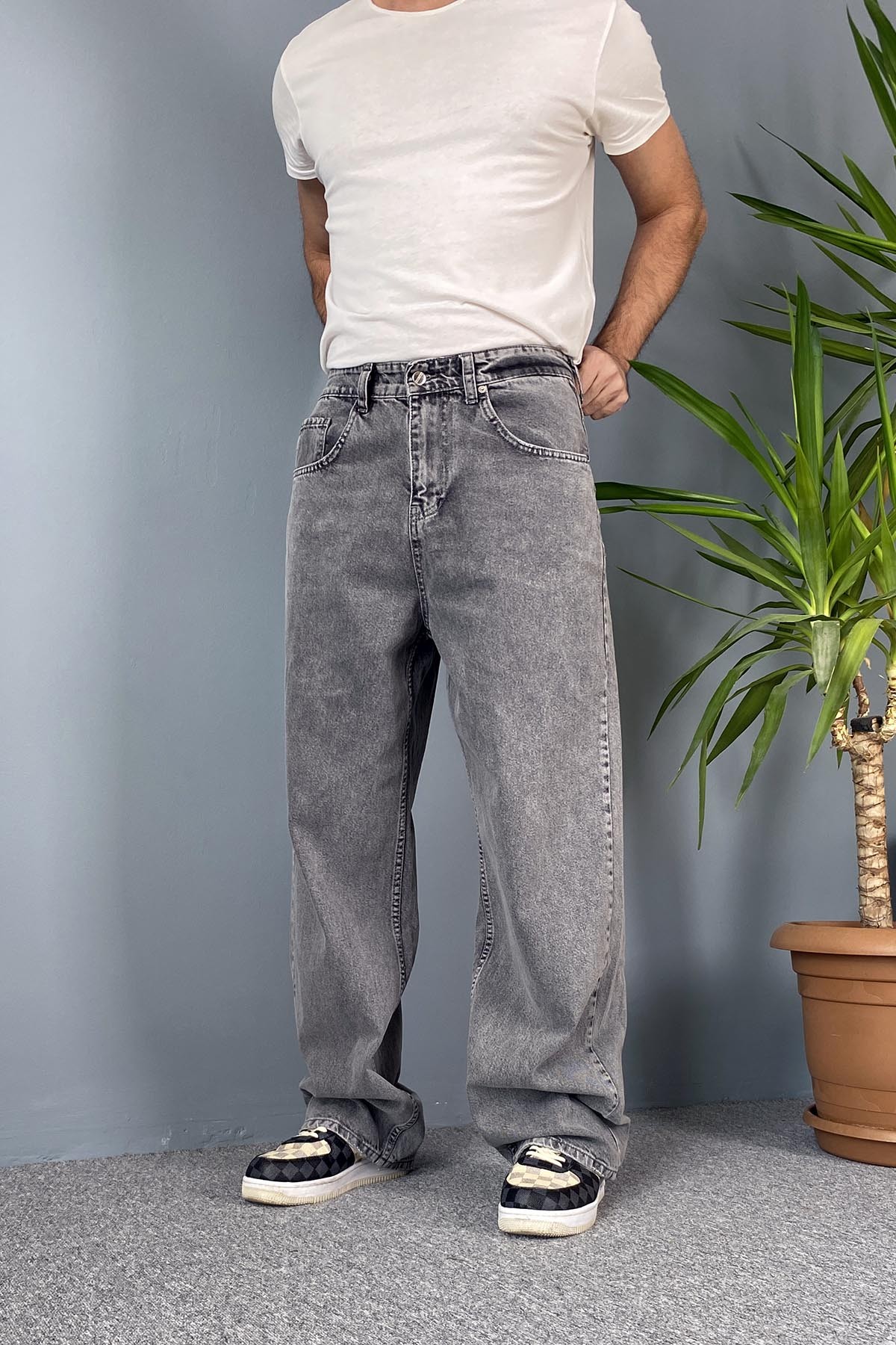  Rahat Kesim Gri Baggy Kot Pantolon