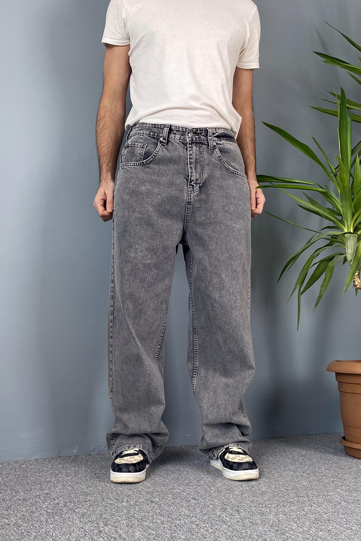  Rahat Kesim Gri Baggy Kot Pantolon