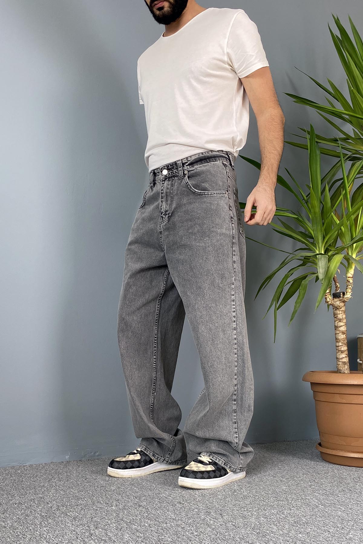  Rahat Kesim Gri Baggy Kot Pantolon