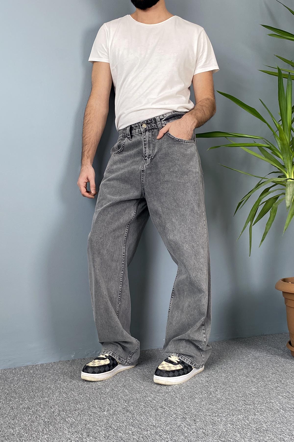  Rahat Kesim Gri Baggy Kot Pantolon