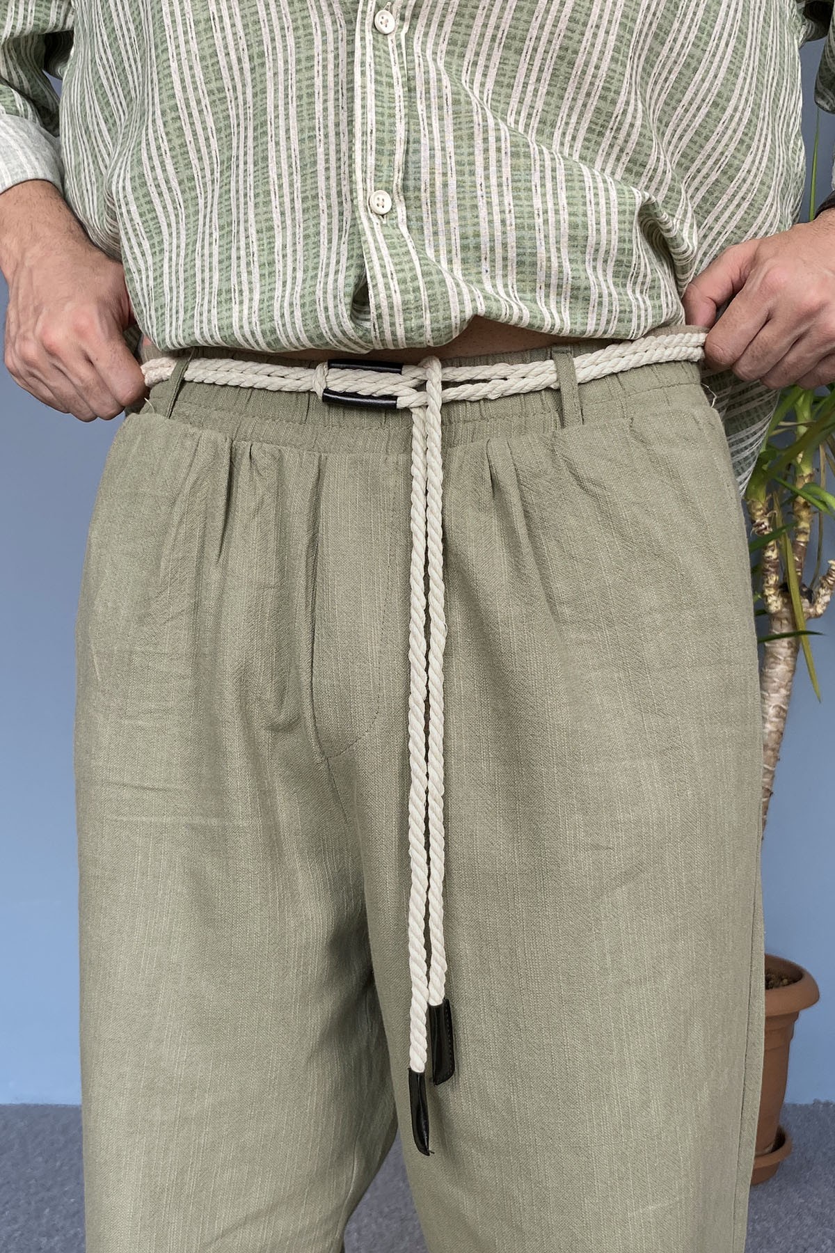  Rahat Kesim Keten Kumaş Bağcıklı Haki Baggy Pantolon