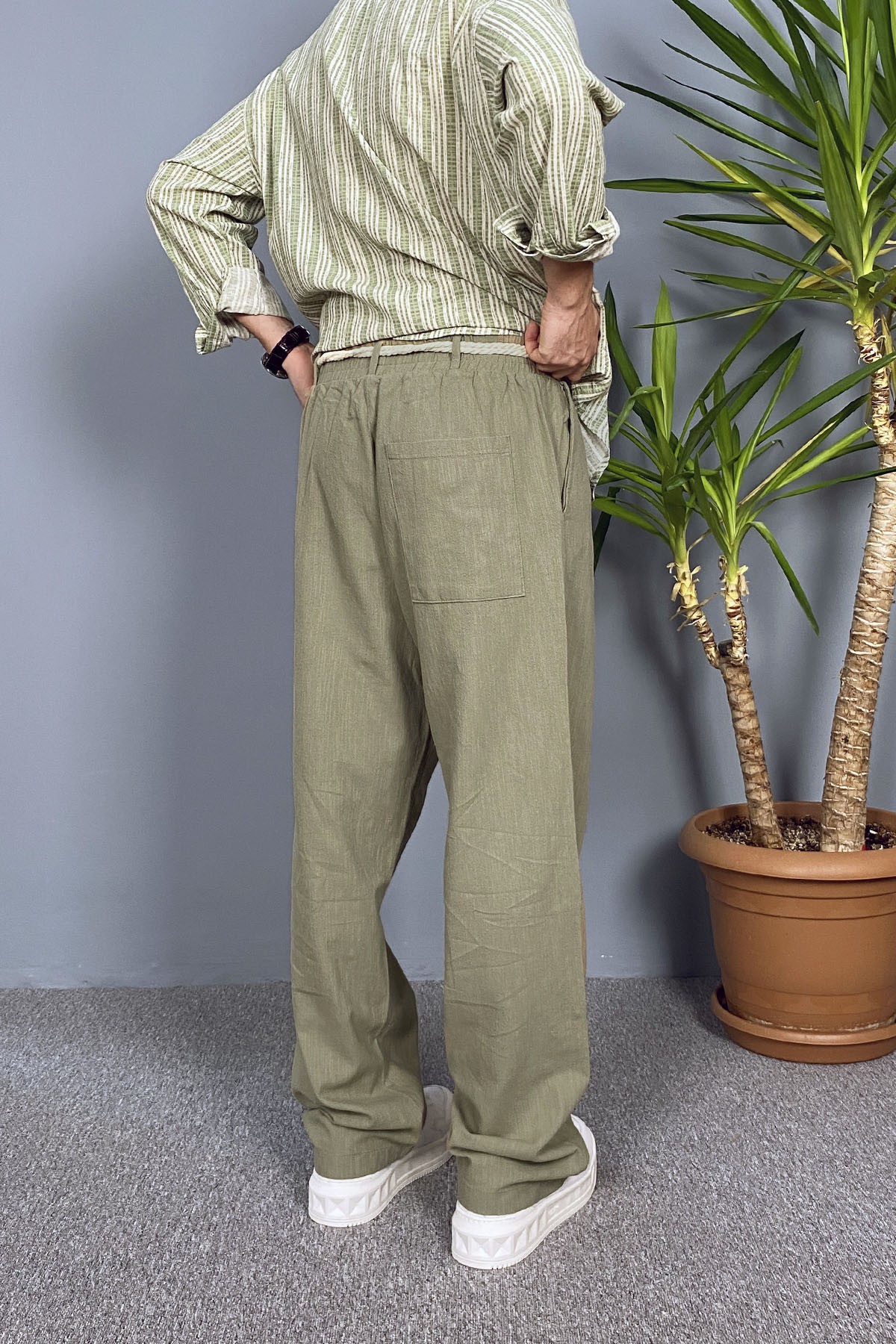  Rahat Kesim Keten Kumaş Bağcıklı Haki Baggy Pantolon