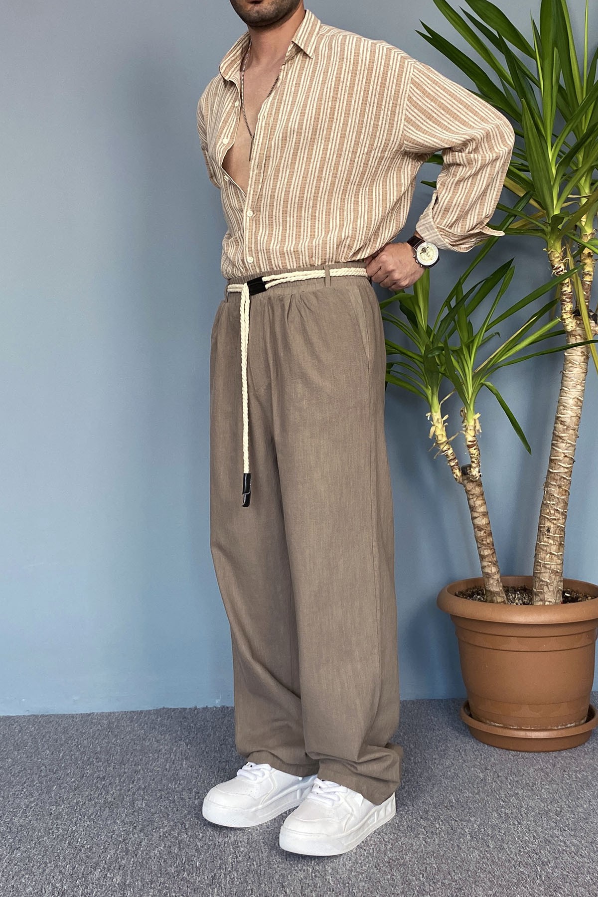  Rahat Kesim Keten Kumaş Bağcıklı Kahverengi Baggy Pantolon