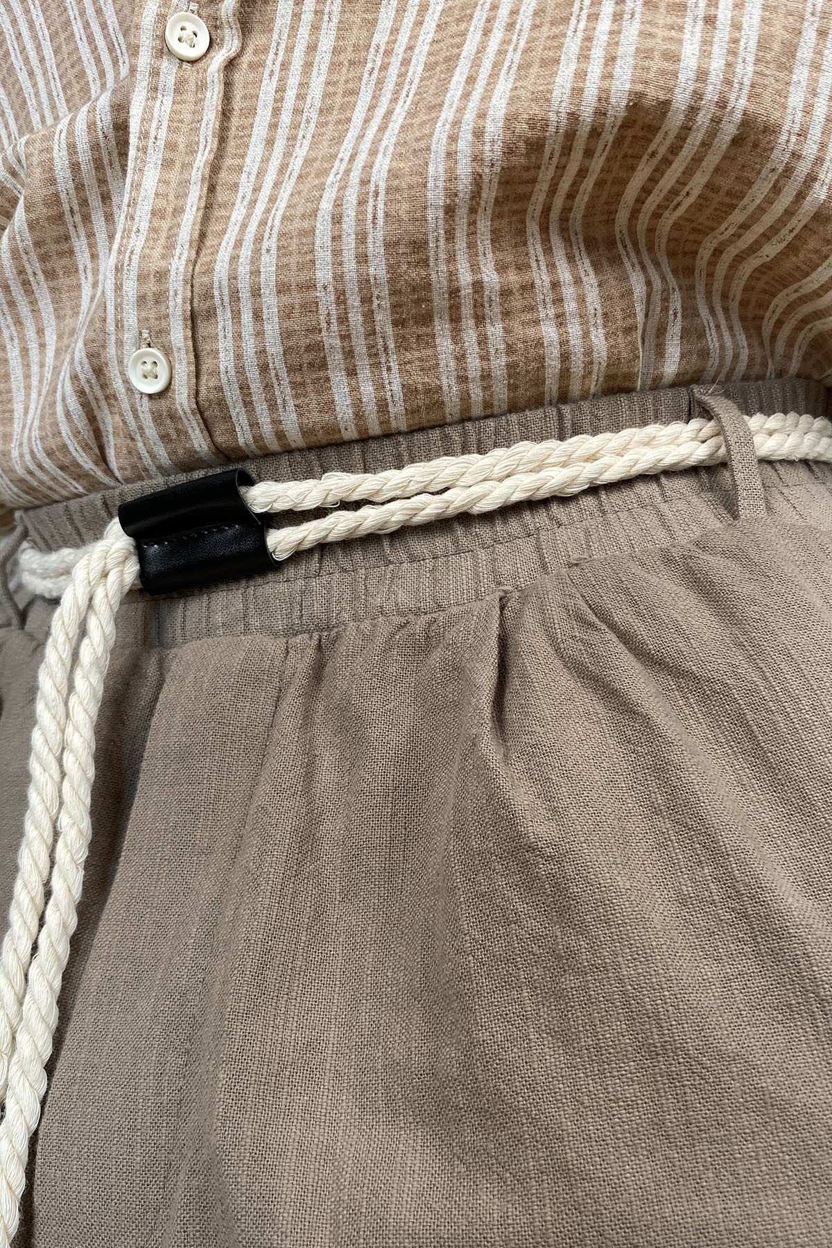  Rahat Kesim Keten Kumaş Bağcıklı Kahverengi Baggy Pantolon