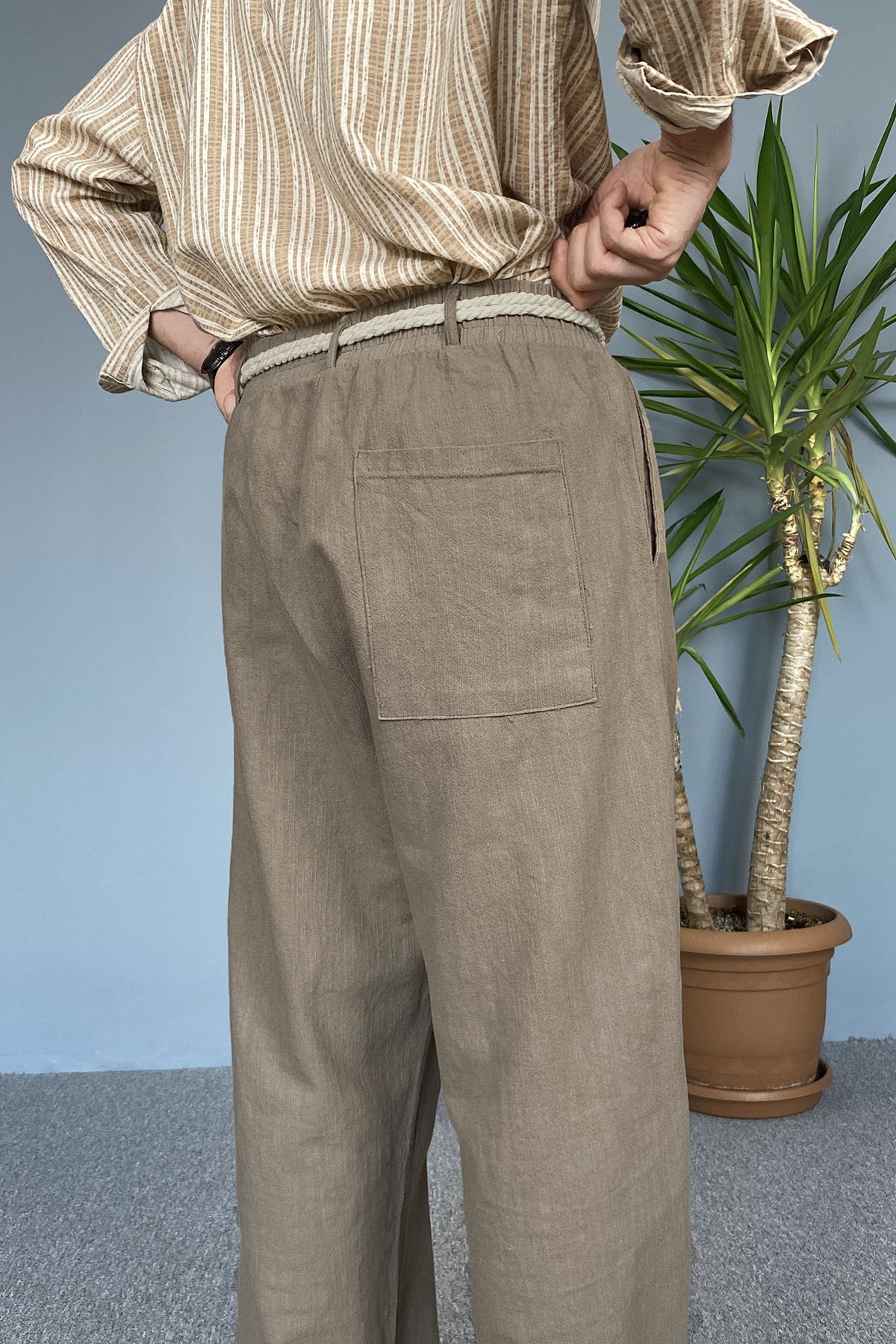  Rahat Kesim Keten Kumaş Bağcıklı Kahverengi Baggy Pantolon
