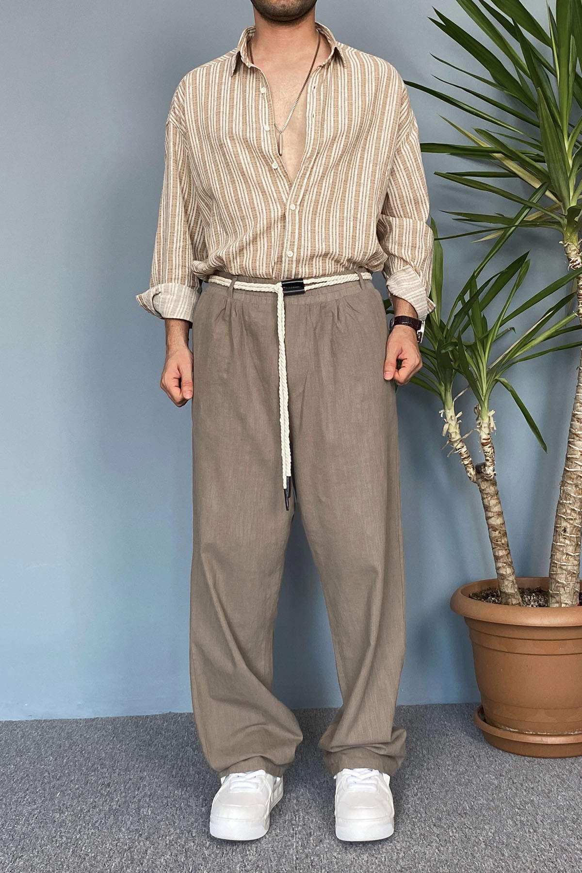  Rahat Kesim Keten Kumaş Bağcıklı Kahverengi Baggy Pantolon