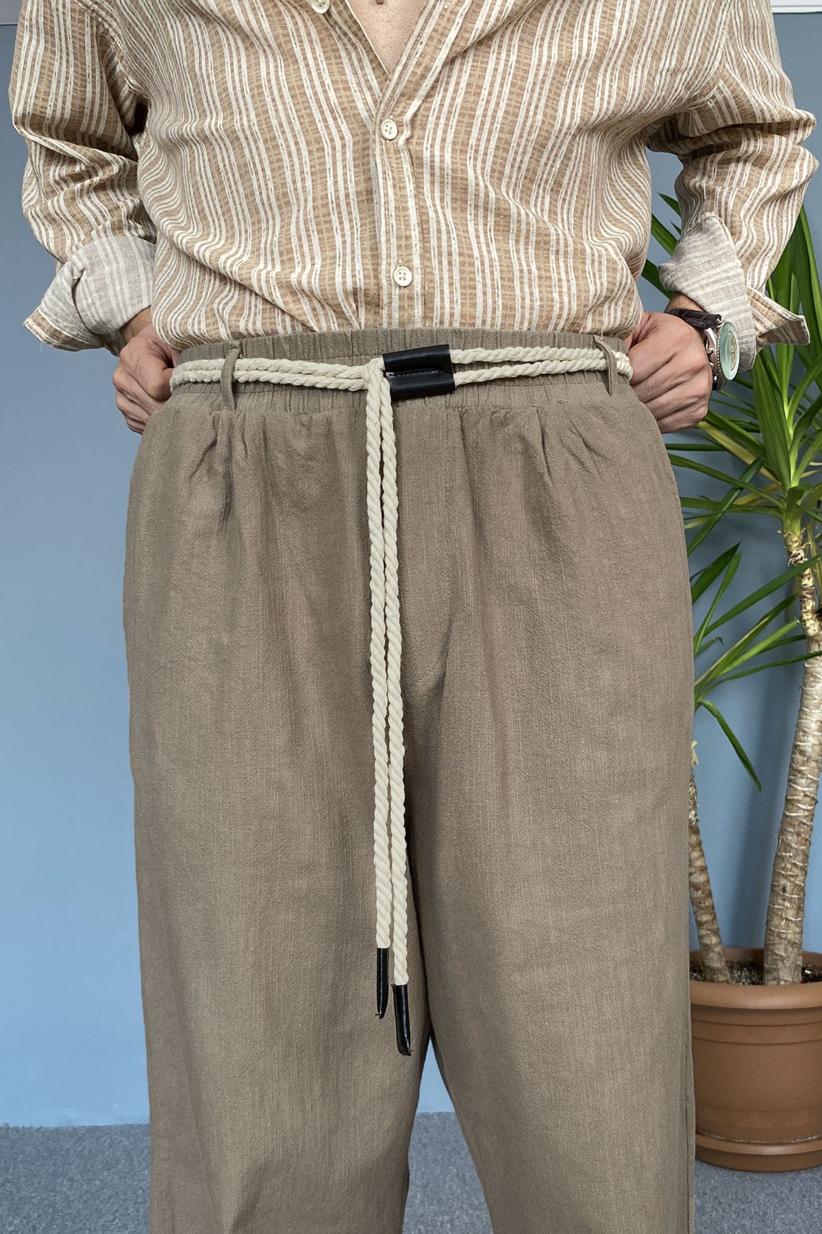  Rahat Kesim Keten Kumaş Bağcıklı Kahverengi Baggy Pantolon