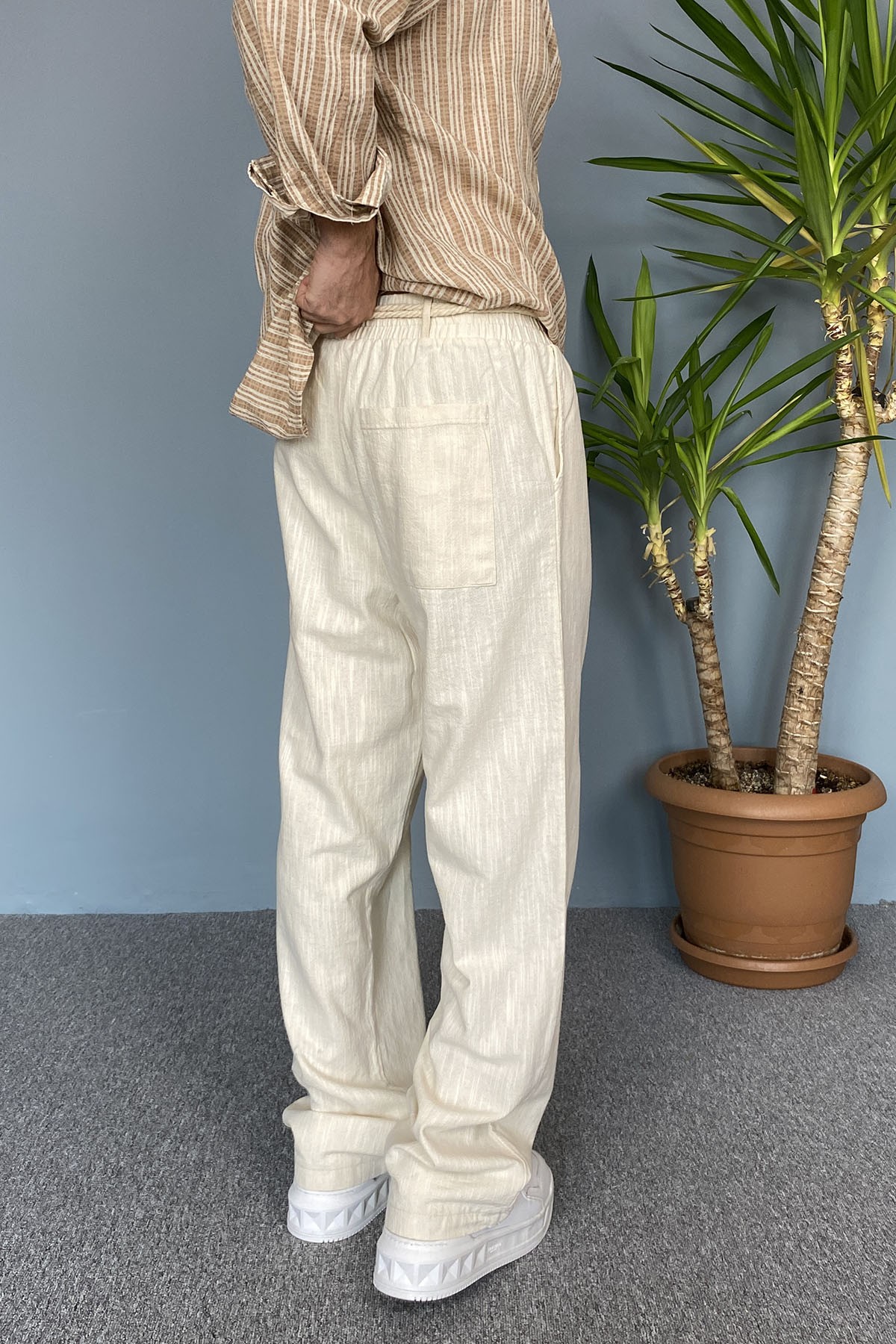  Rahat Kesim Keten Kumaş Bağcıklı Krem Renk Baggy Pantolon