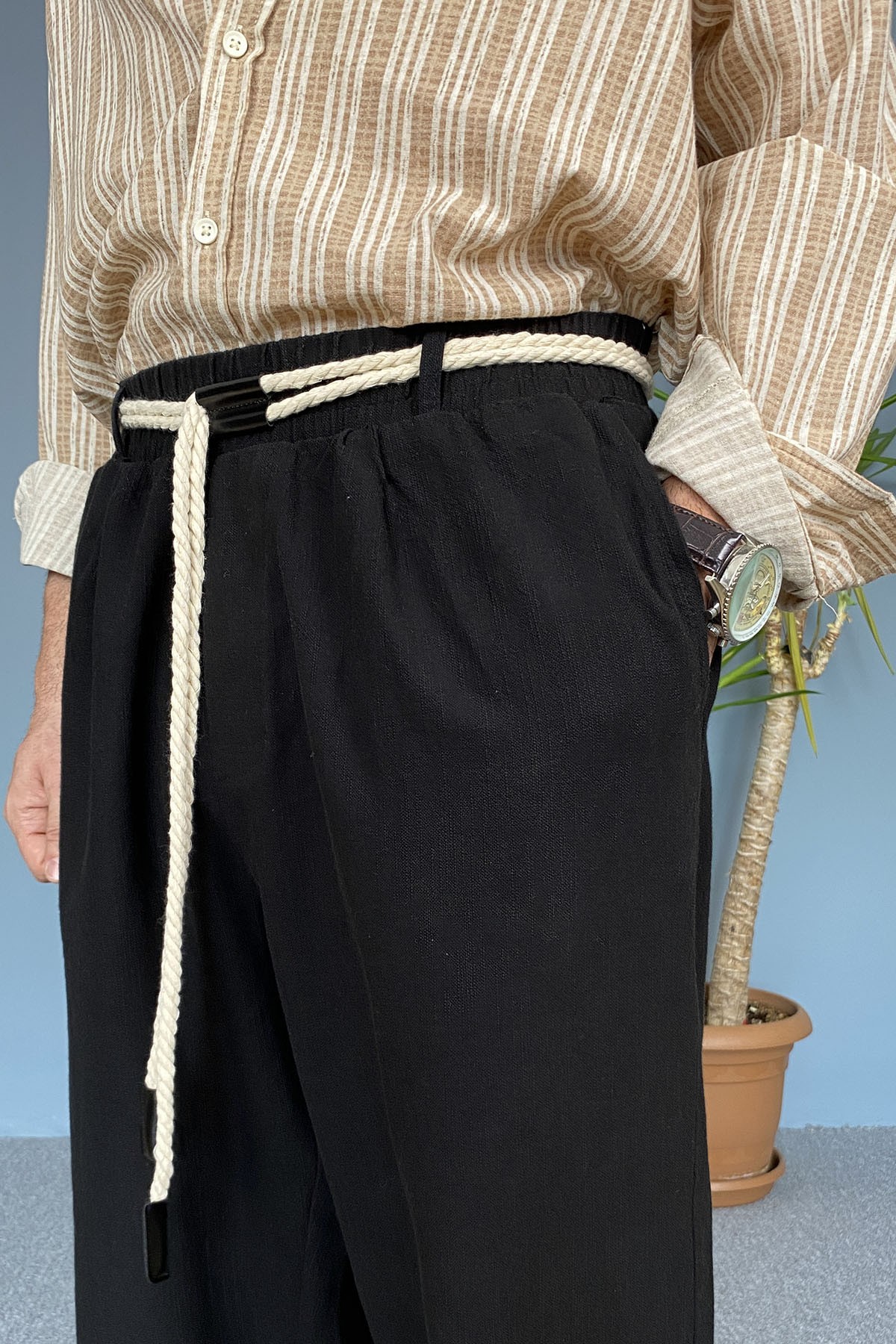  Rahat Kesim Keten Kumaş Bağcıklı Siyah Baggy Pantolon