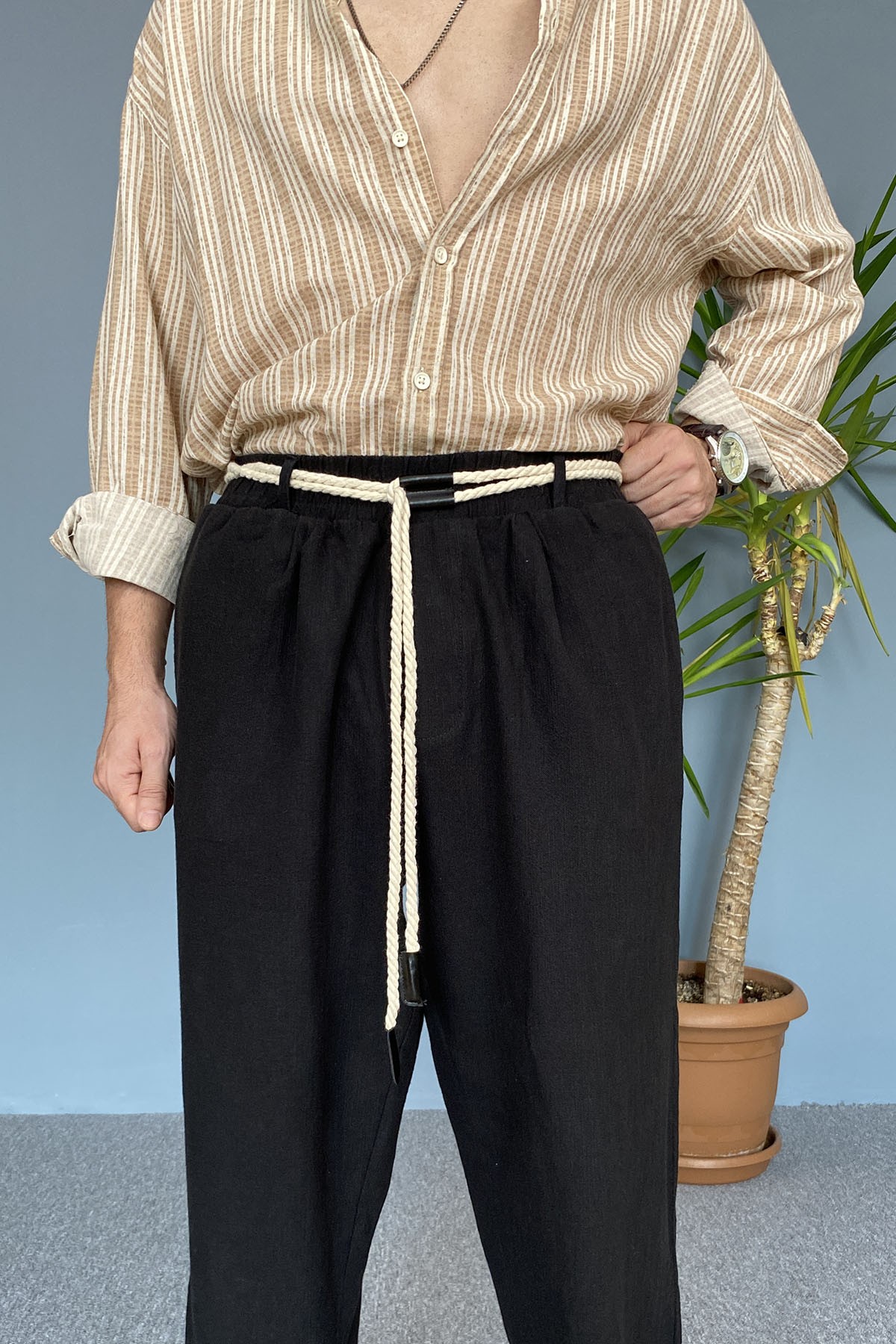  Rahat Kesim Keten Kumaş Bağcıklı Siyah Baggy Pantolon