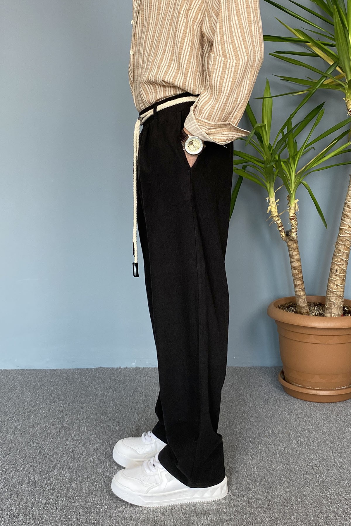  Rahat Kesim Keten Kumaş Bağcıklı Siyah Baggy Pantolon