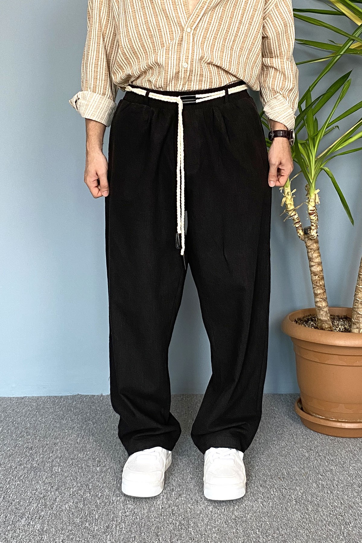  Rahat Kesim Keten Kumaş Bağcıklı Siyah Baggy Pantolon