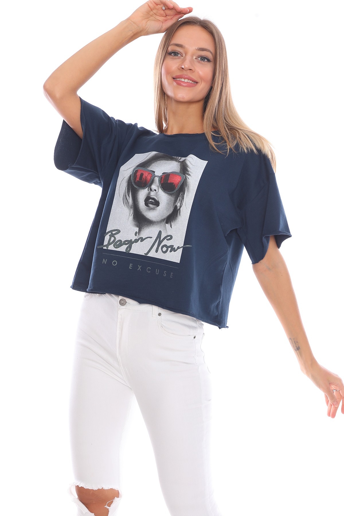 Kadin Resim Baskılı Salaş Tasarım Mavi Kadın Sweatshirt