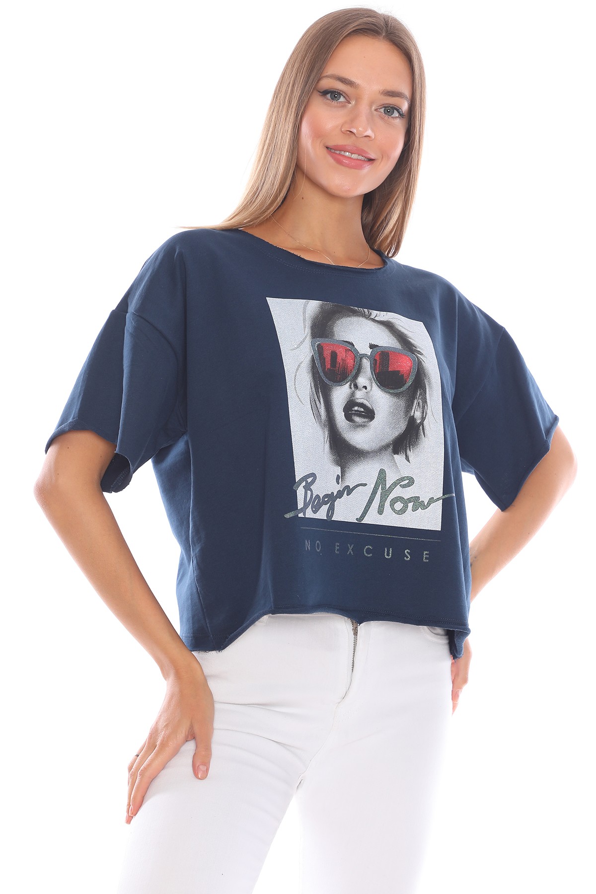 Kadin Resim Baskılı Salaş Tasarım Mavi Kadın Sweatshirt