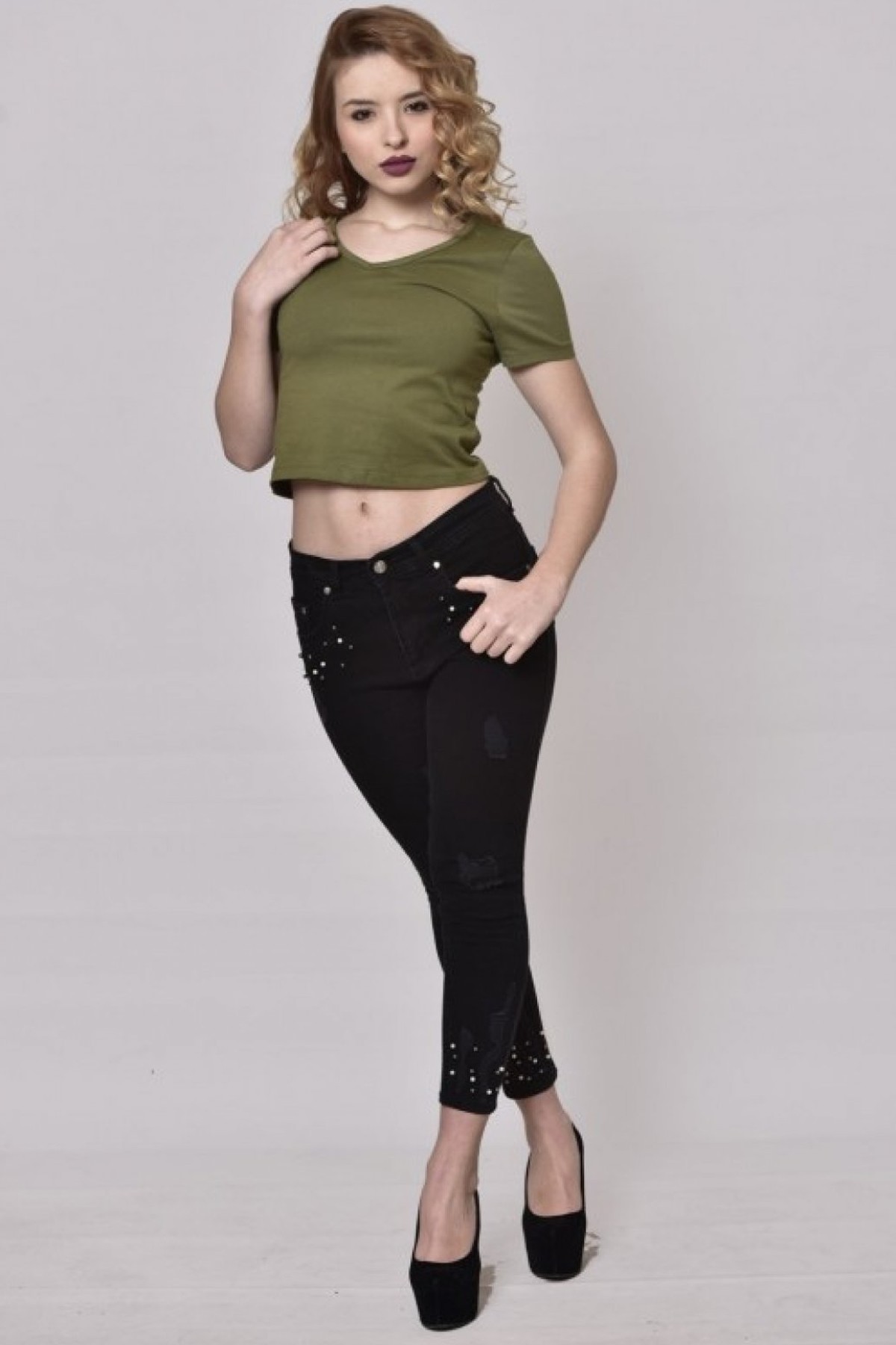  Sırtı Bağcıklı Yeşil Crop Bluz