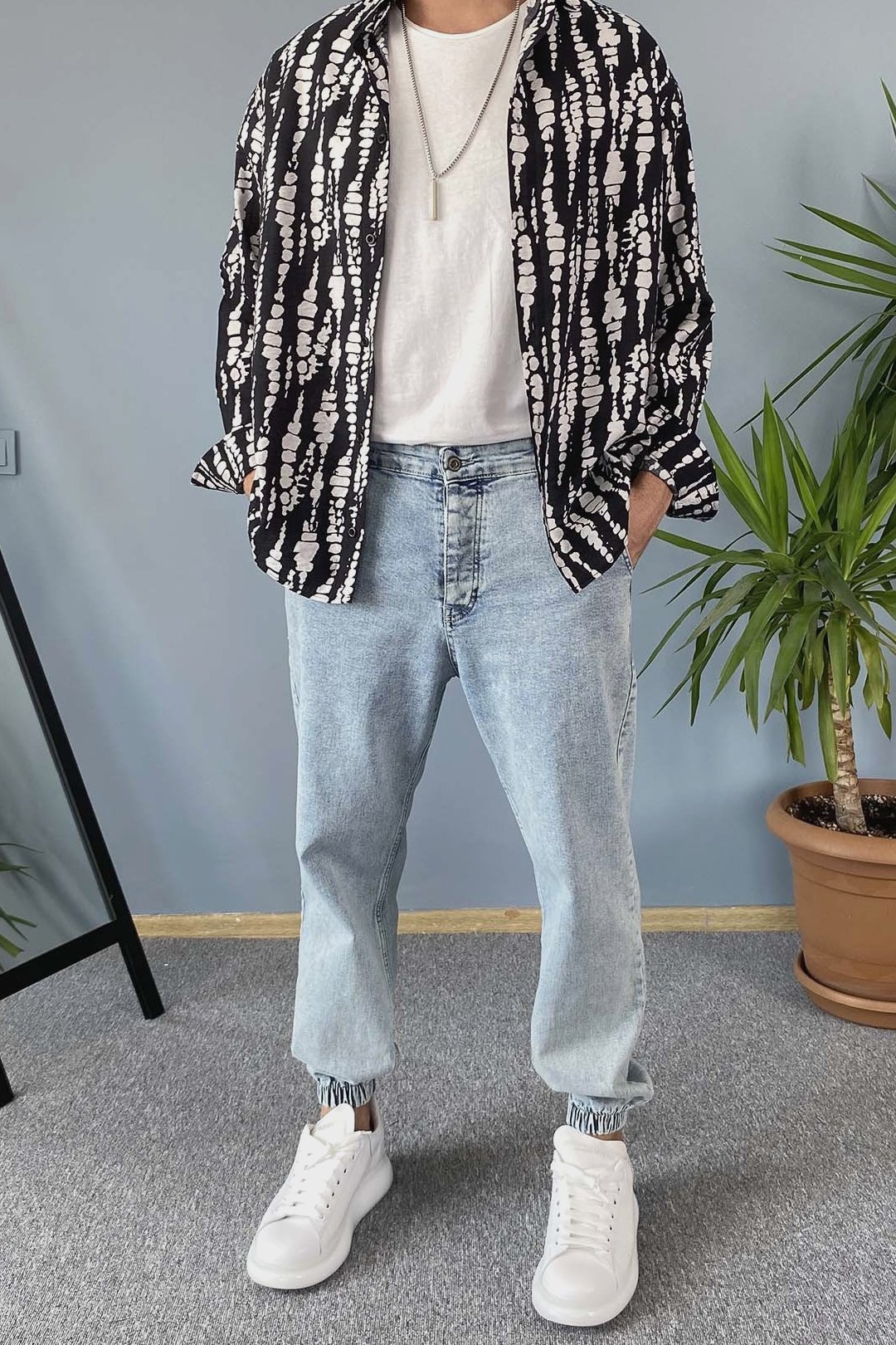 Kadin Siyah Desenli Uzun Kollu Oversize Gömlek