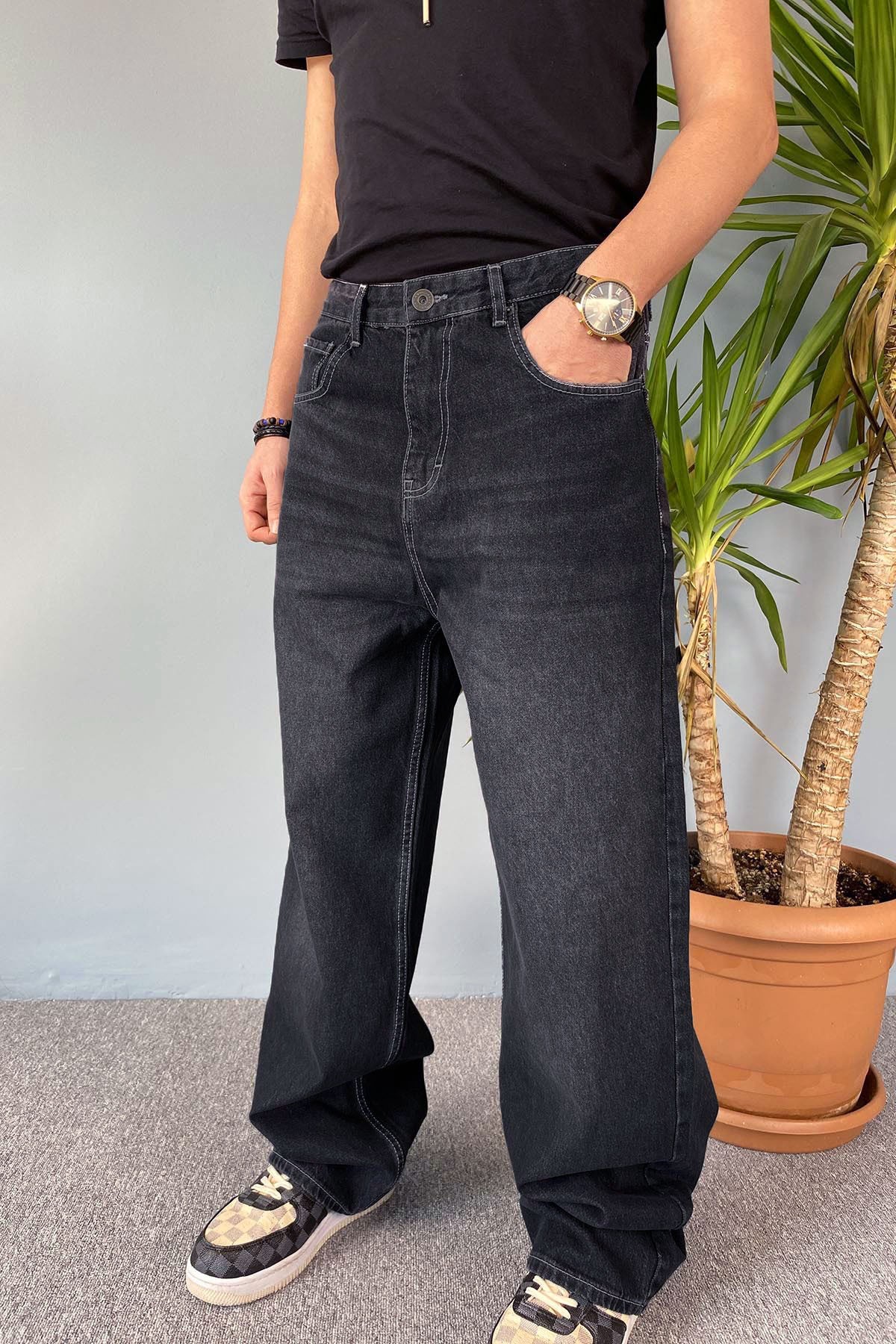  Siyah Taşlanmış Baggy Kot Pantolon