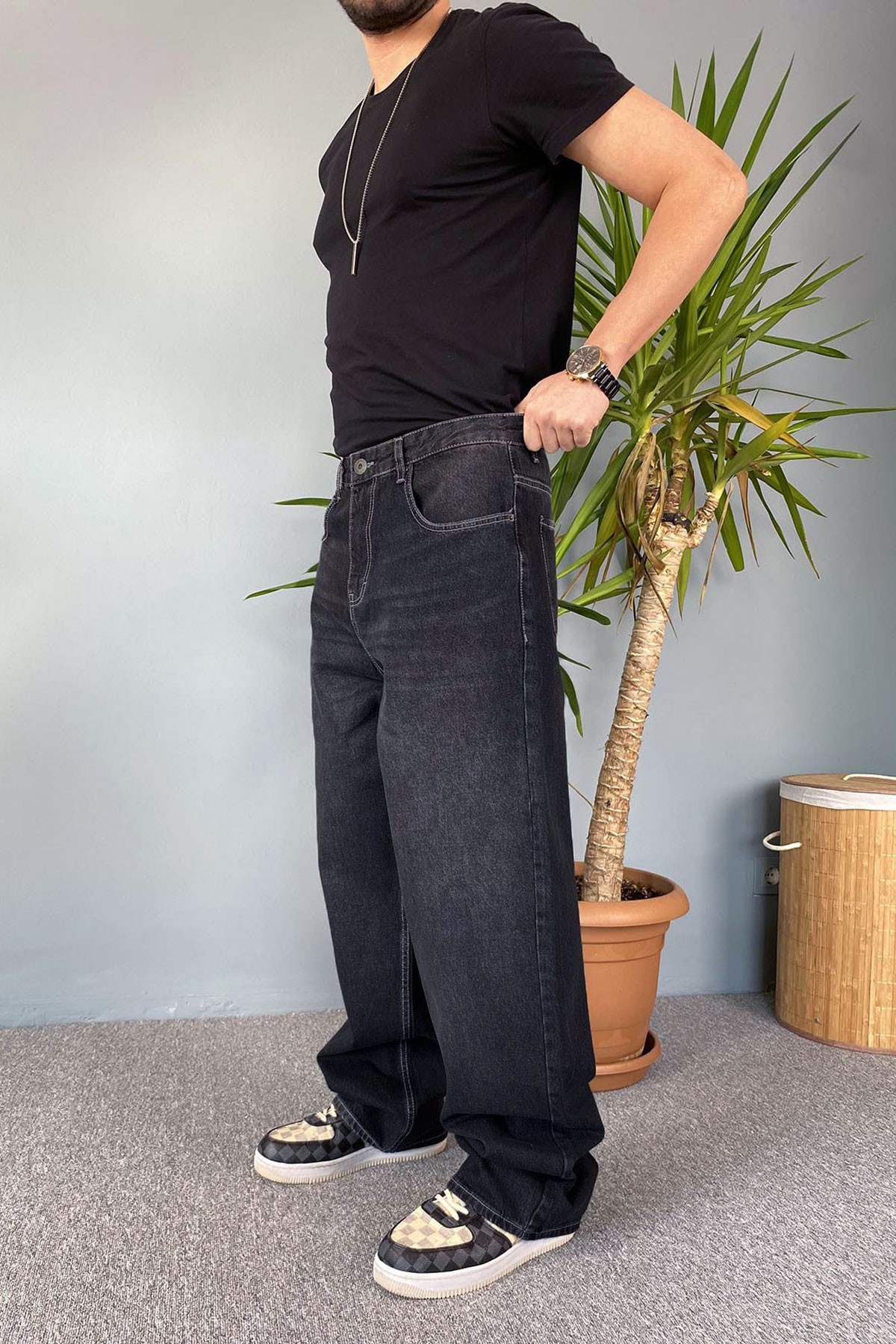  Siyah Taşlanmış Baggy Kot Pantolon