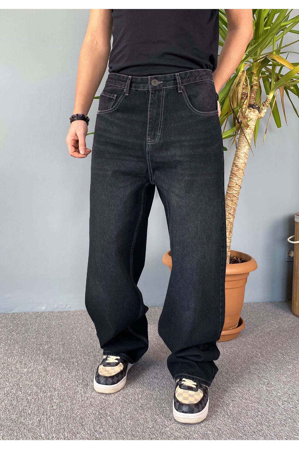  Siyah Taşlanmış Baggy Kot Pantolon