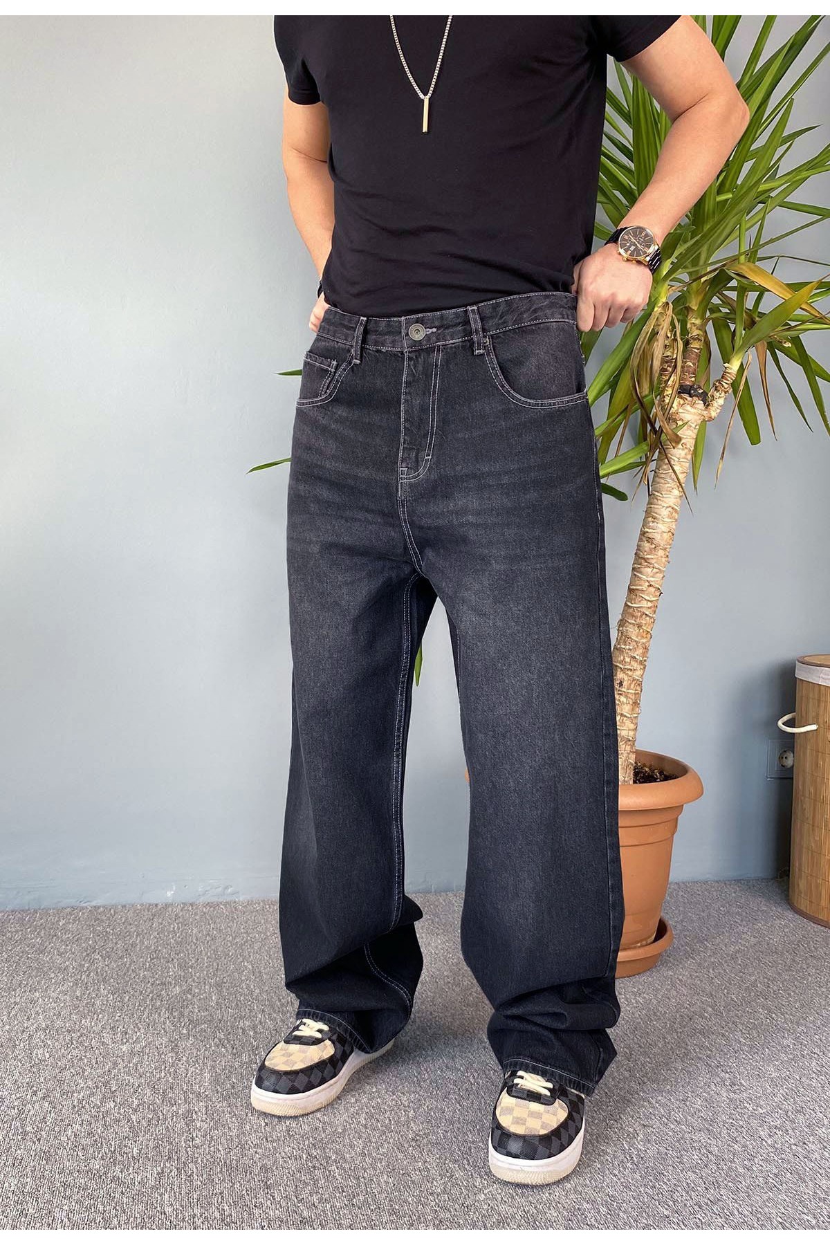  Siyah Taşlanmış Baggy Kot Pantolon