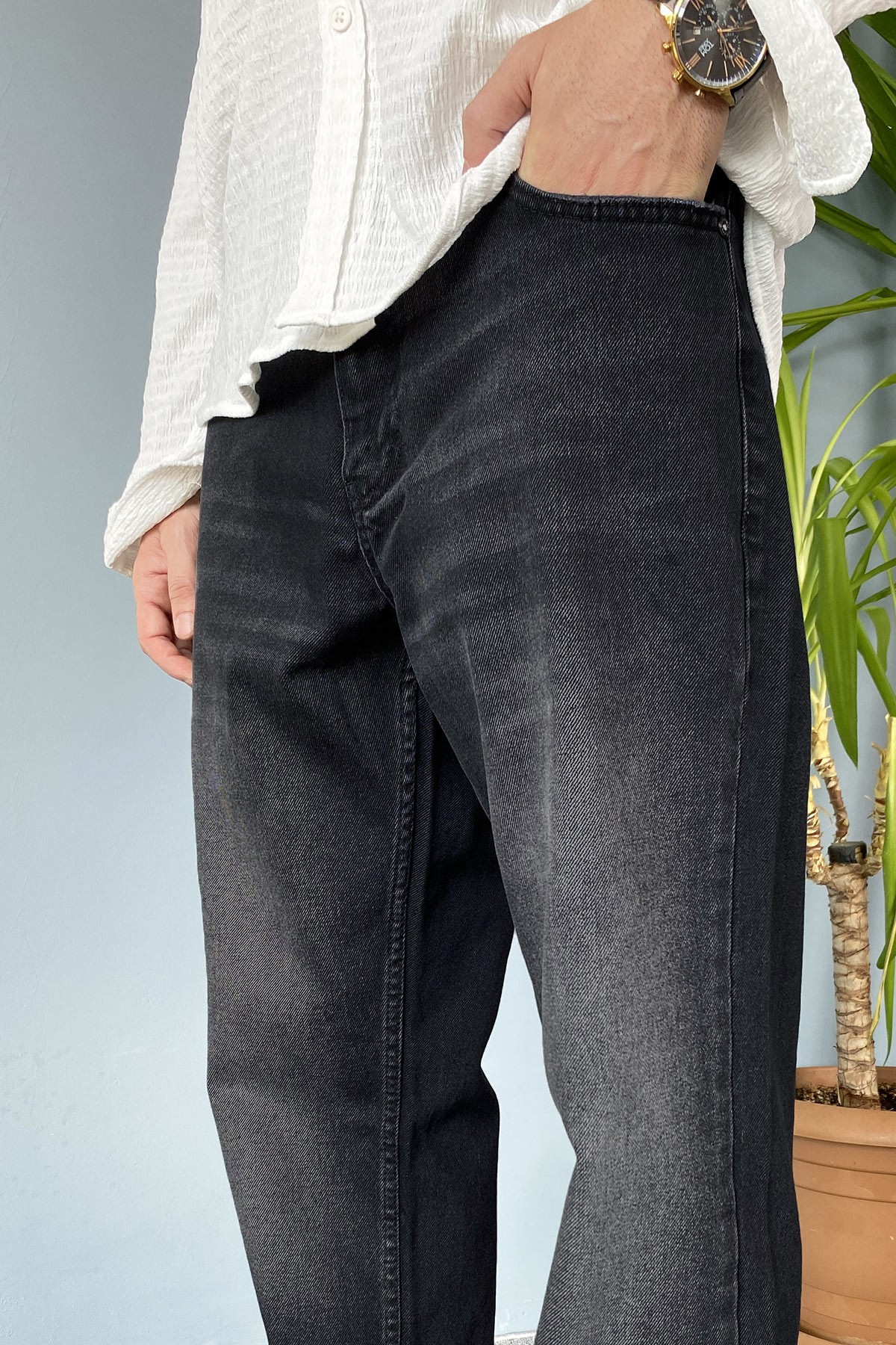  Taşlanmış Siyah Baggy Kot Pantolon