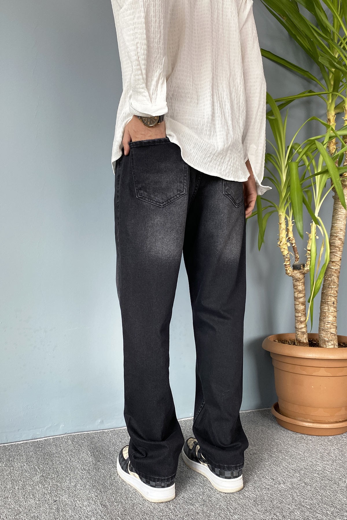  Taşlanmış Siyah Baggy Kot Pantolon