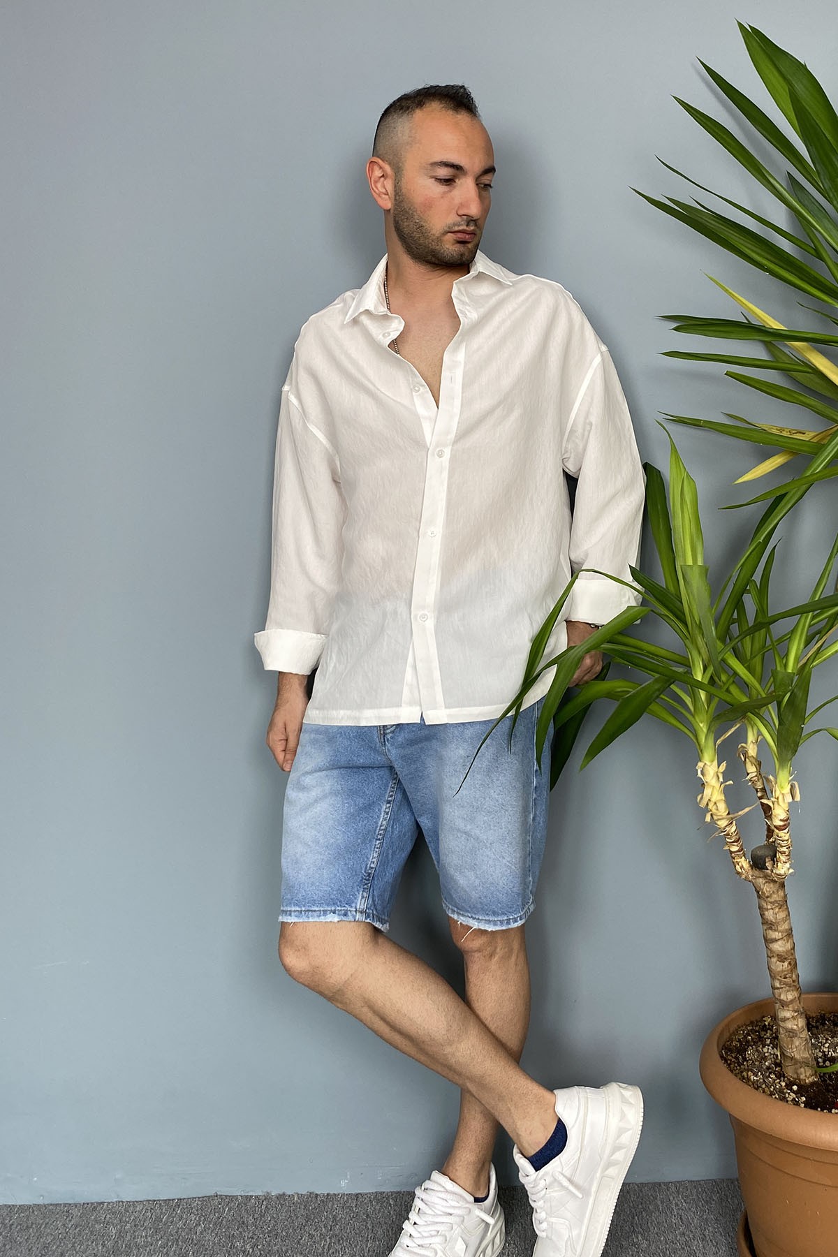  Tensel Kumaş Oversize Uzun Kollu Ekru Gömlek