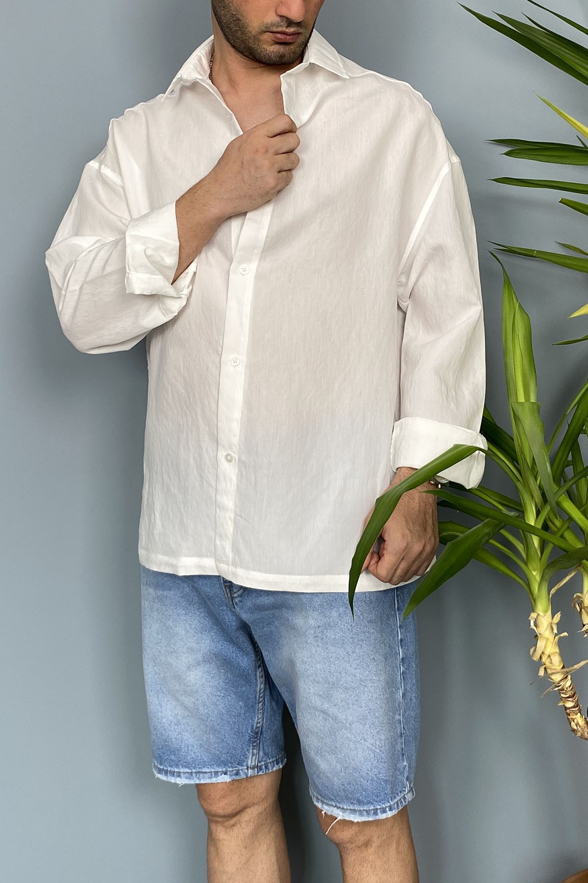  Tensel Kumaş Oversize Uzun Kollu Ekru Gömlek