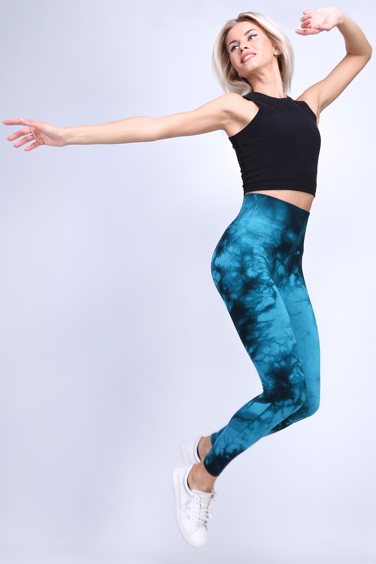  Toparlayıcı Push-Up Batik Tayt Desenli Spor Tayt Mavi