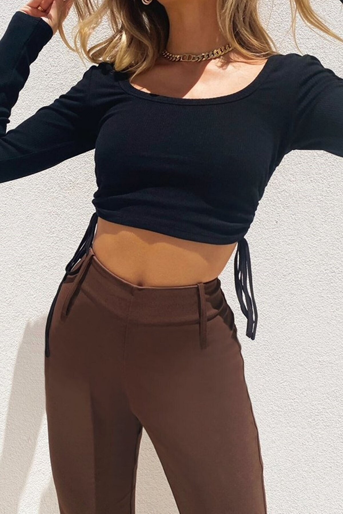 Kadin Yanları İp Büzgülü Kaşkorse Siyah Crop Bluz