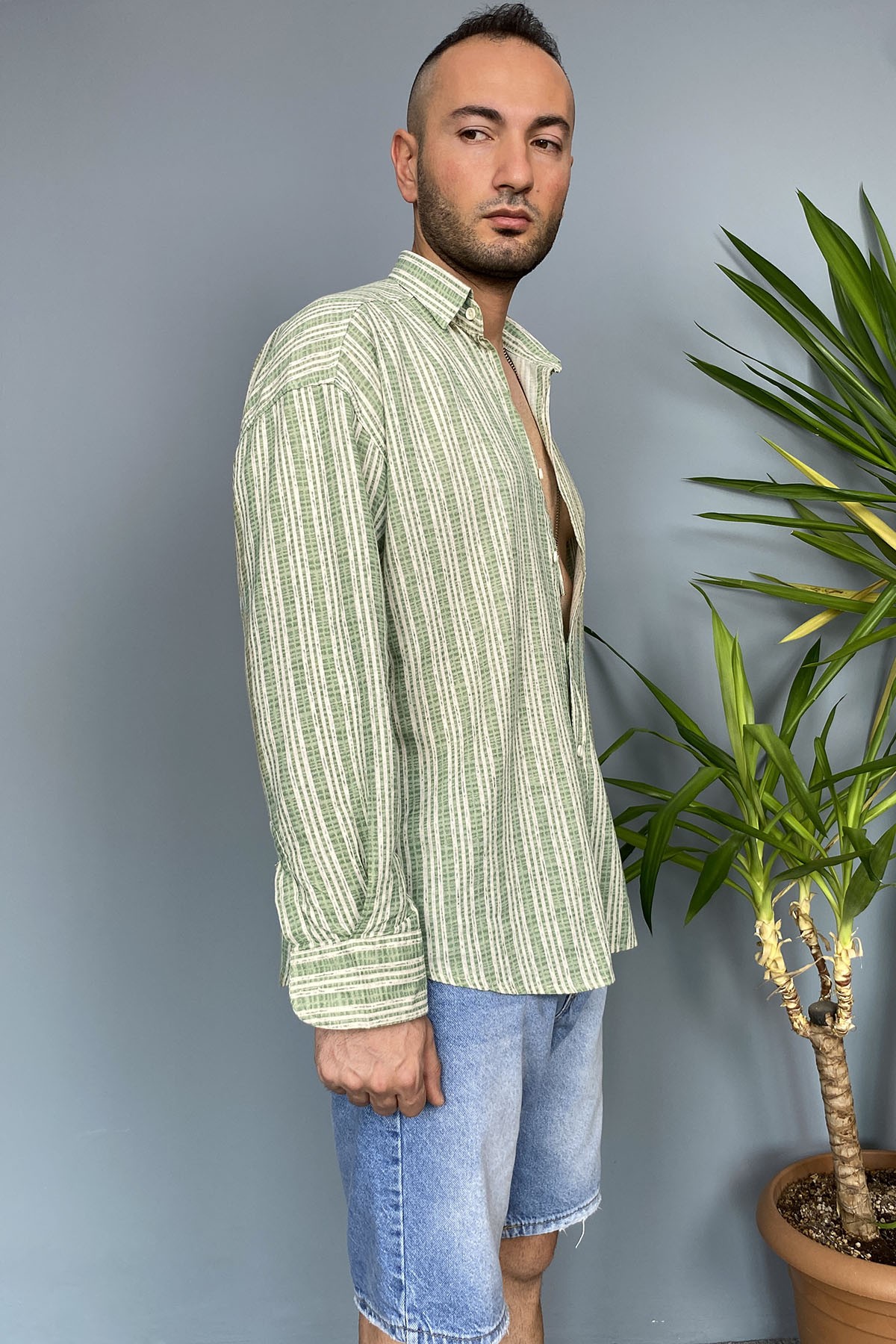  %100 Pamuk Yumuşak Dokulu Yeşil Oversize Gömlek