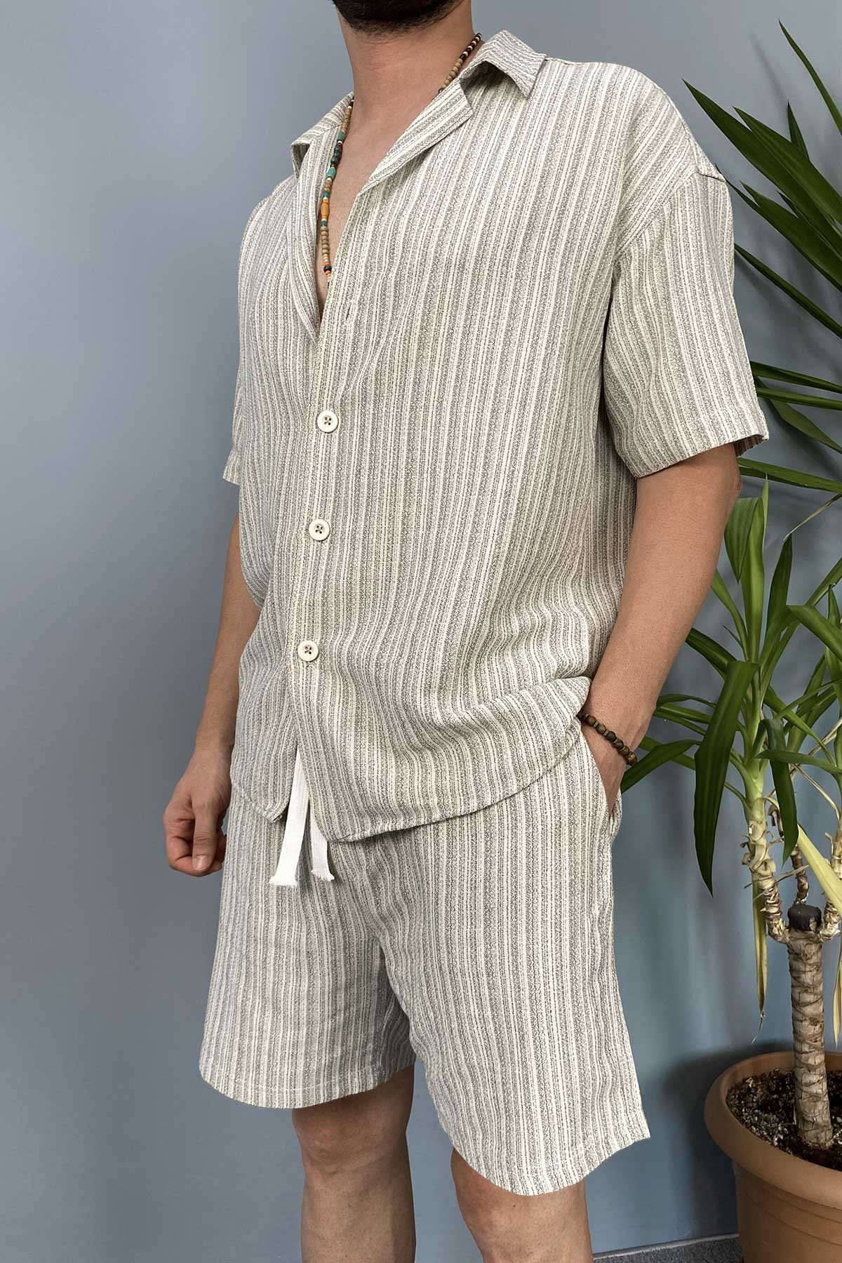  Haki Oversize Gömlek Şort Keten Takım