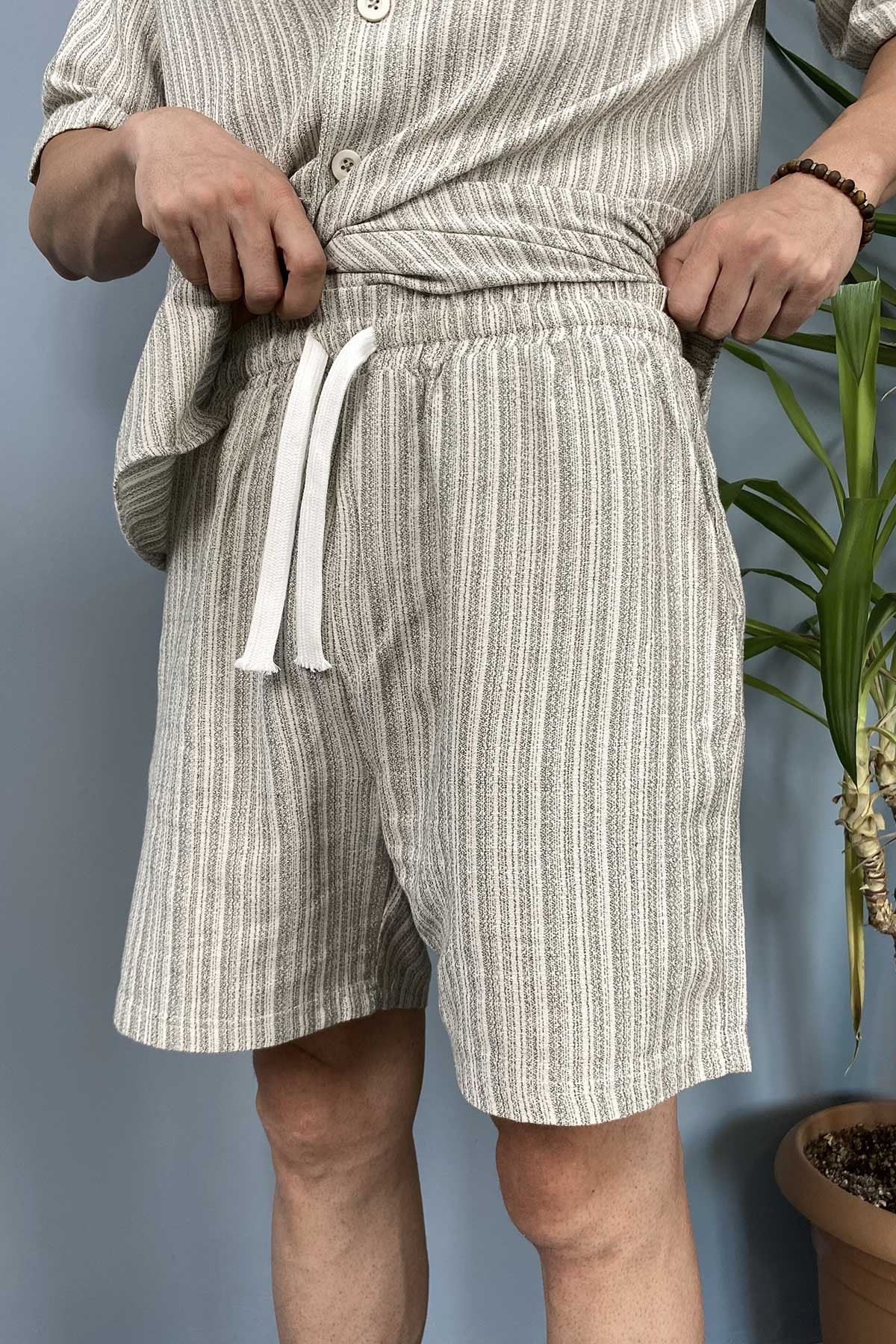  Haki Oversize Gömlek Şort Keten Takım