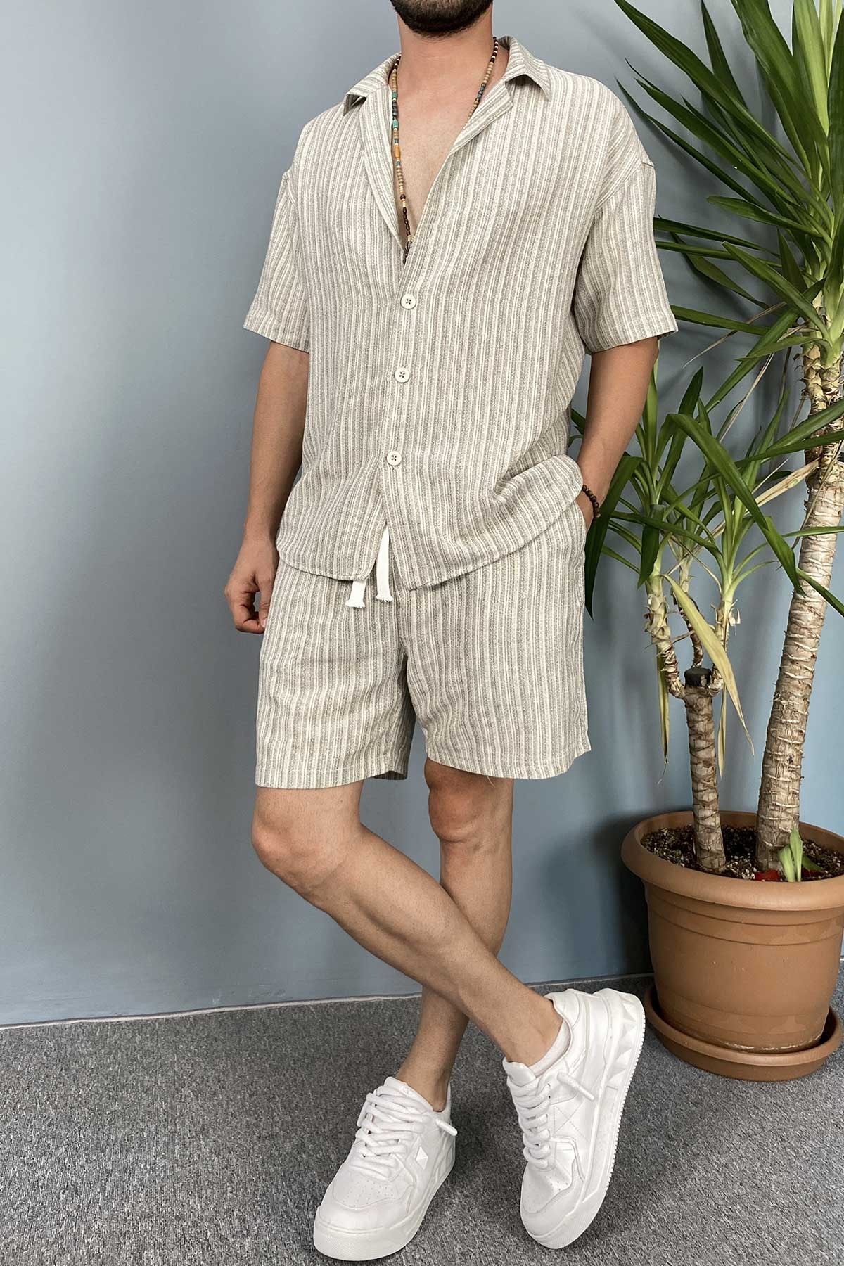  Haki Oversize Gömlek Şort Keten Takım