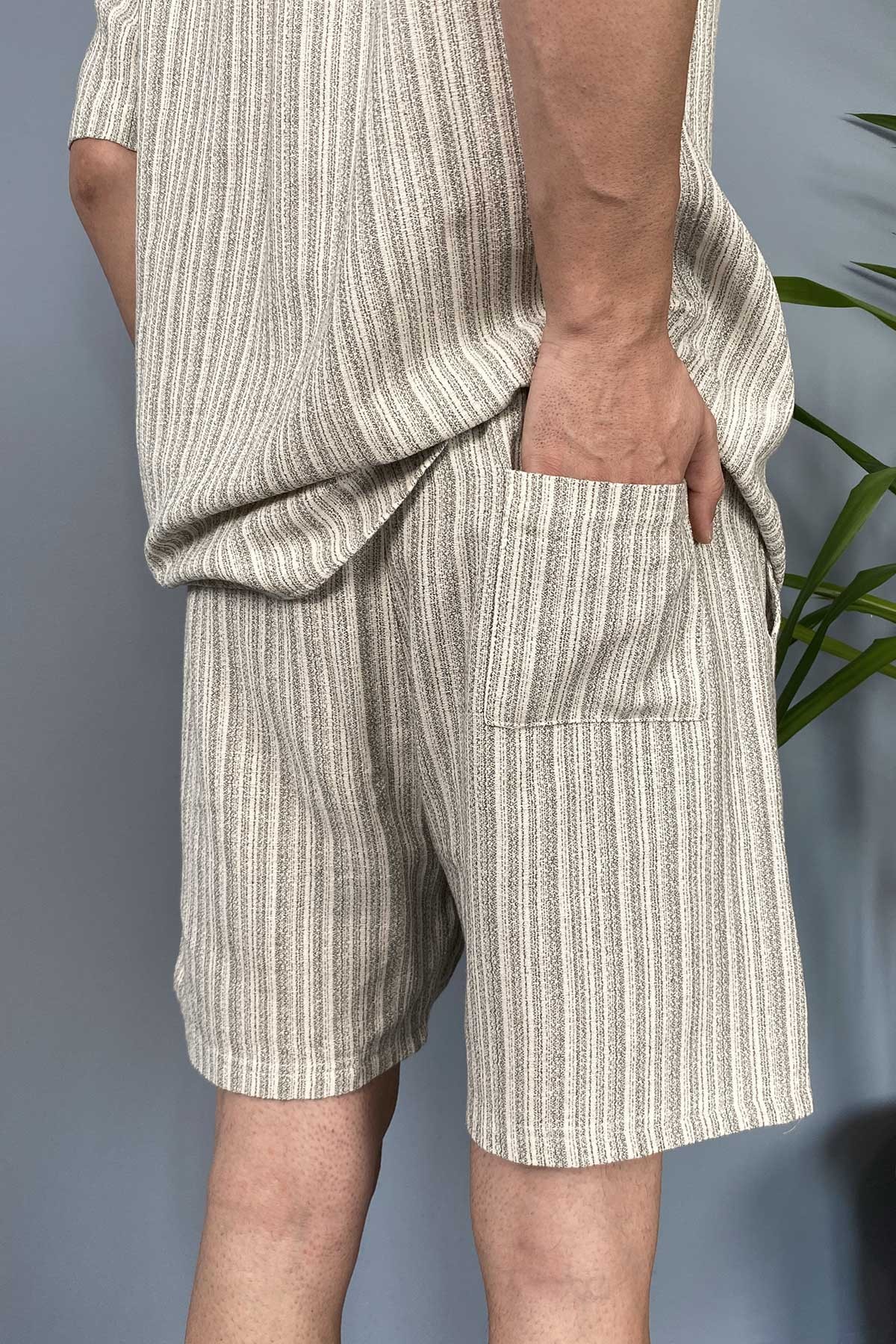  Haki Oversize Gömlek Şort Keten Takım
