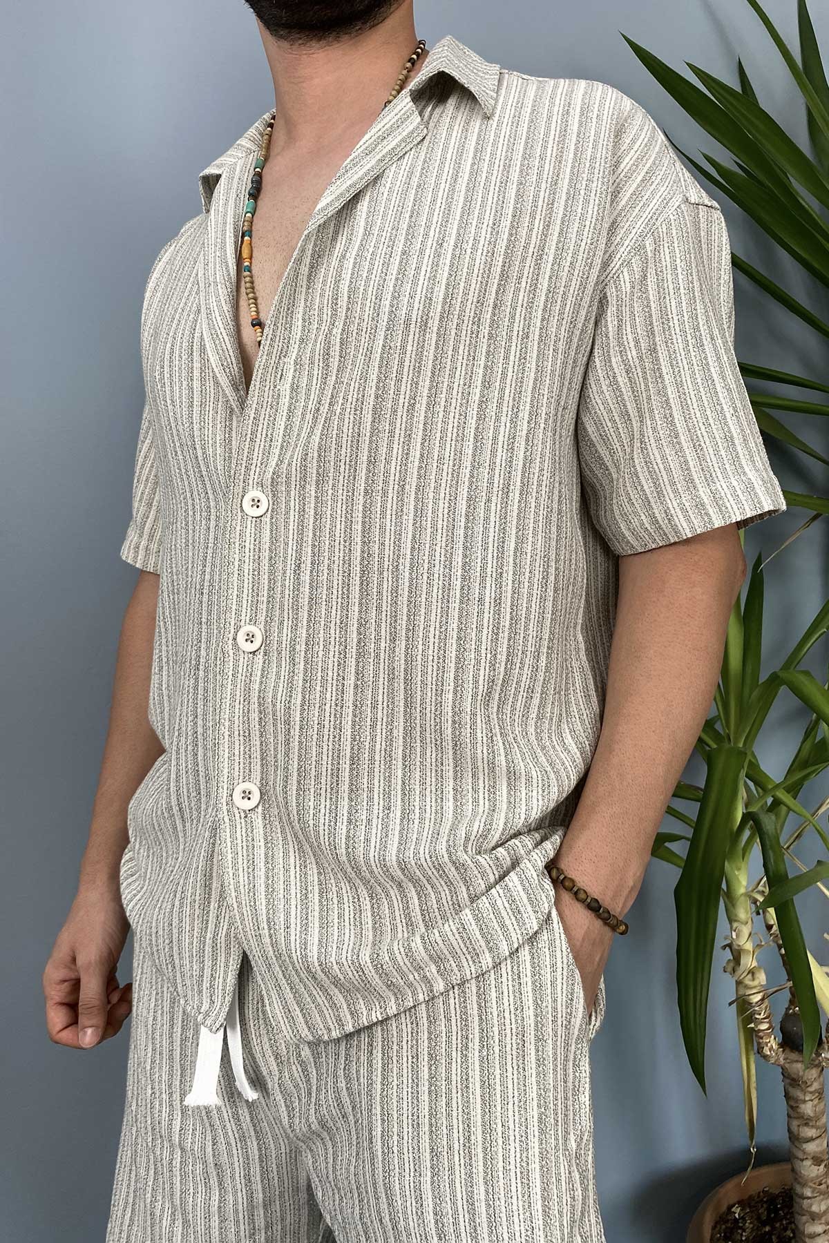  Haki Oversize Gömlek Şort Keten Takım
