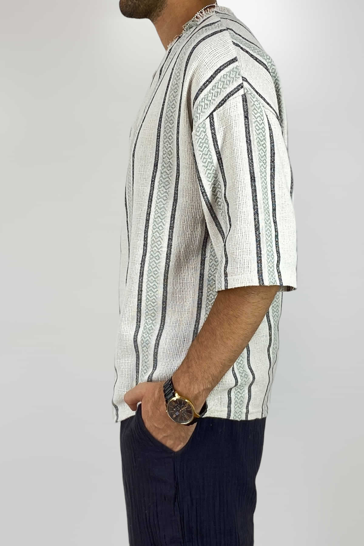  Yeşil Oversize Yazlık Keten Yarım Gömlek