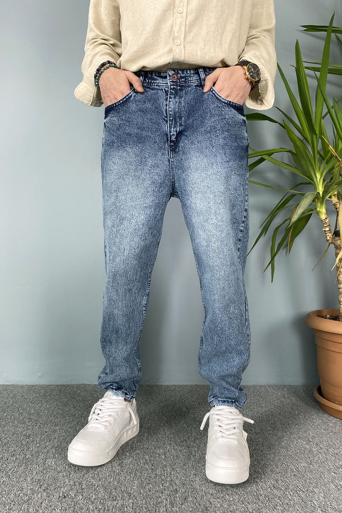 Taşlanmış Mavi Renk Boyfriend Kot Pantolon