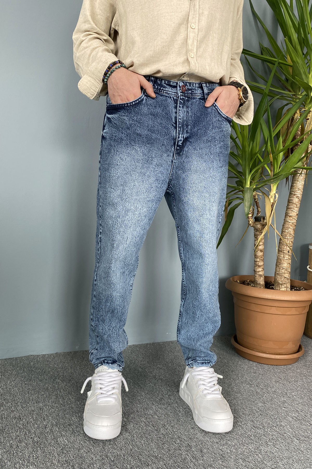  Taşlanmış Mavi Renk Boyfriend Kot Pantolon