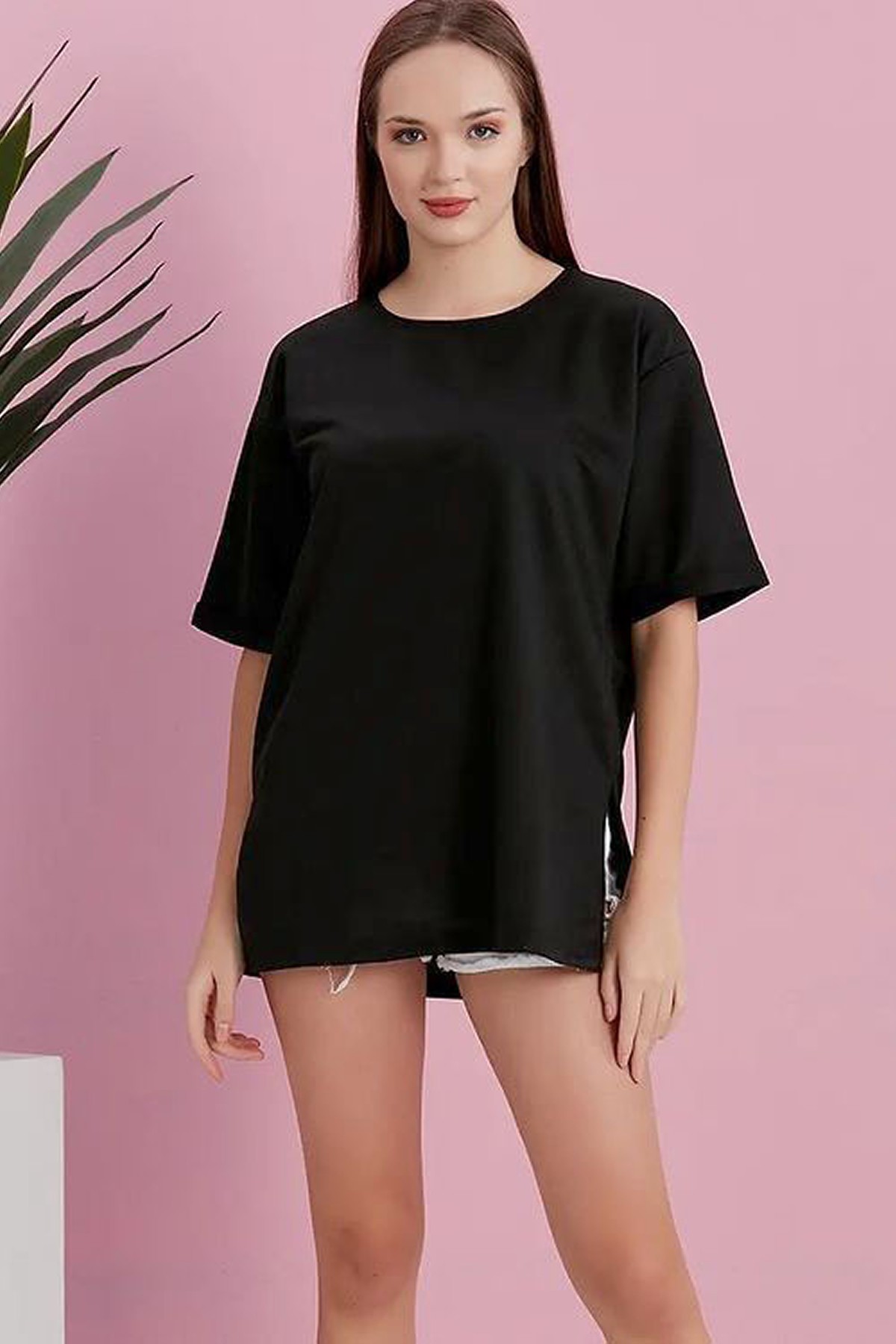  Yırtmaçlı Duble Kol Geniş Bisiklet Yaka Oversize Sweatshirt