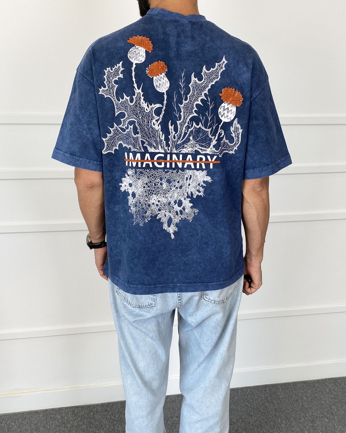 Bisiklet Yaka Imaginary Yıkamalı Oversize Mavi Tişört