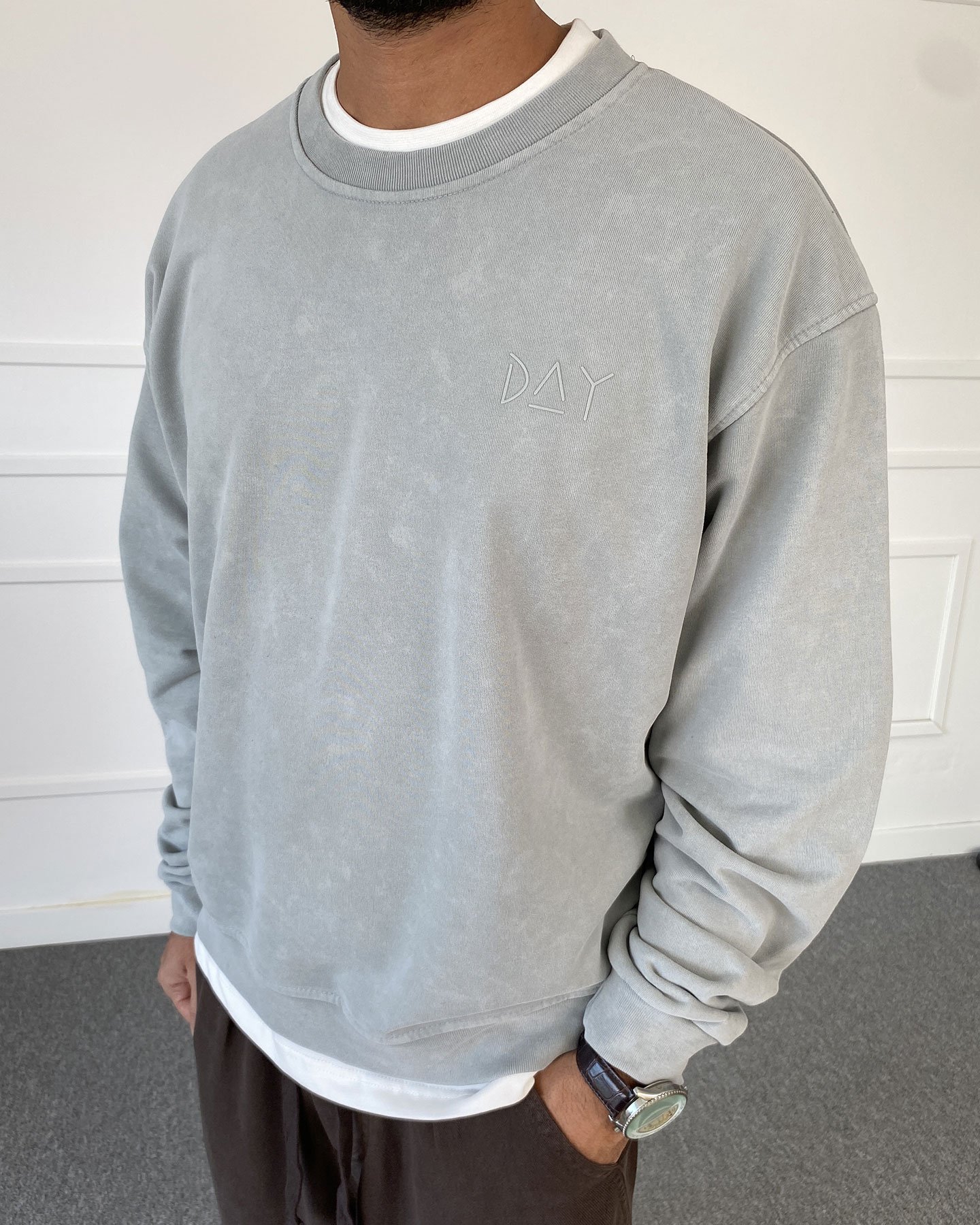 Day Baskılı Yıkamalı Bisiklet Yaka Oversize Sweatshirt Gri
