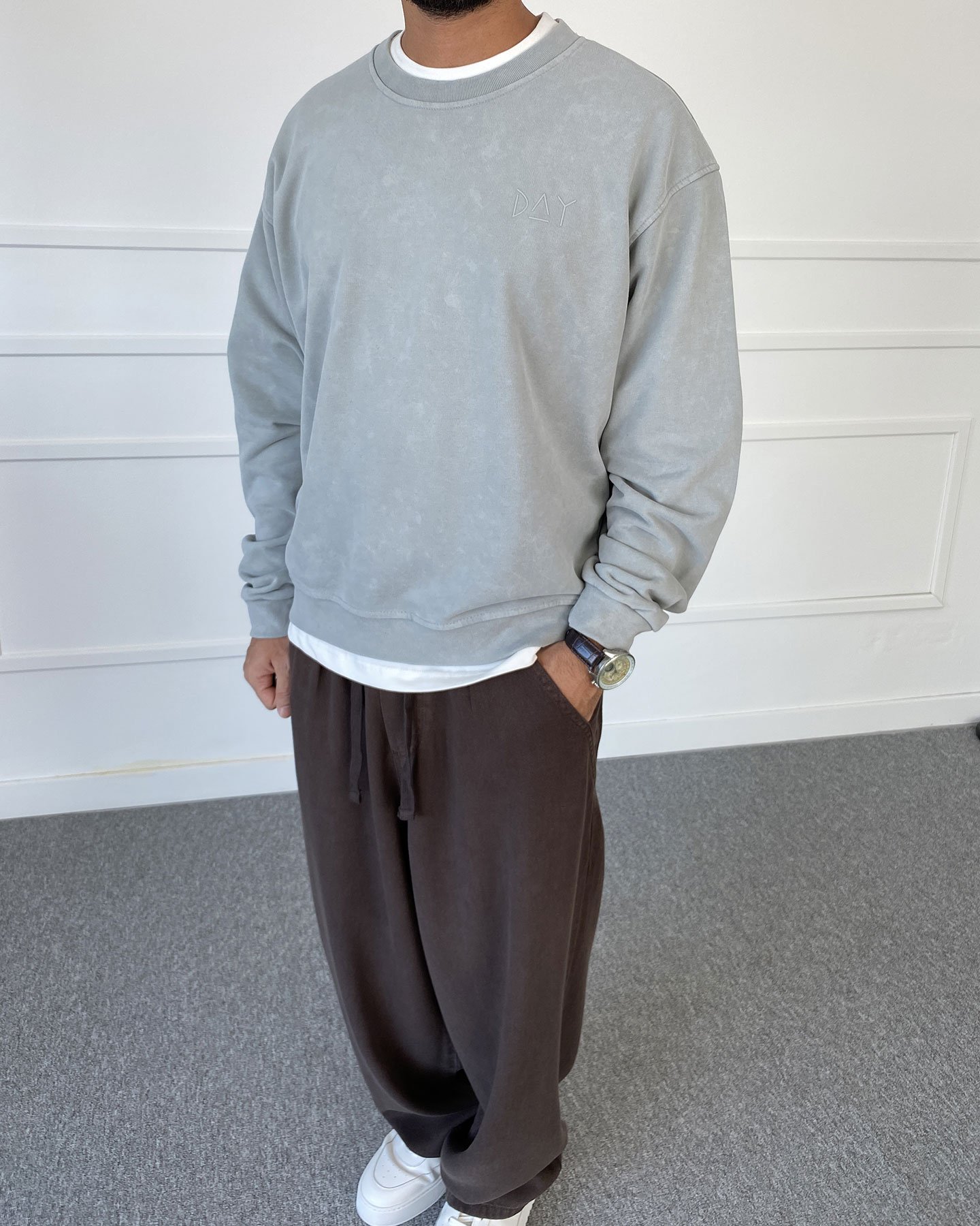 Day Baskılı Yıkamalı Bisiklet Yaka Oversize Sweatshirt Gri